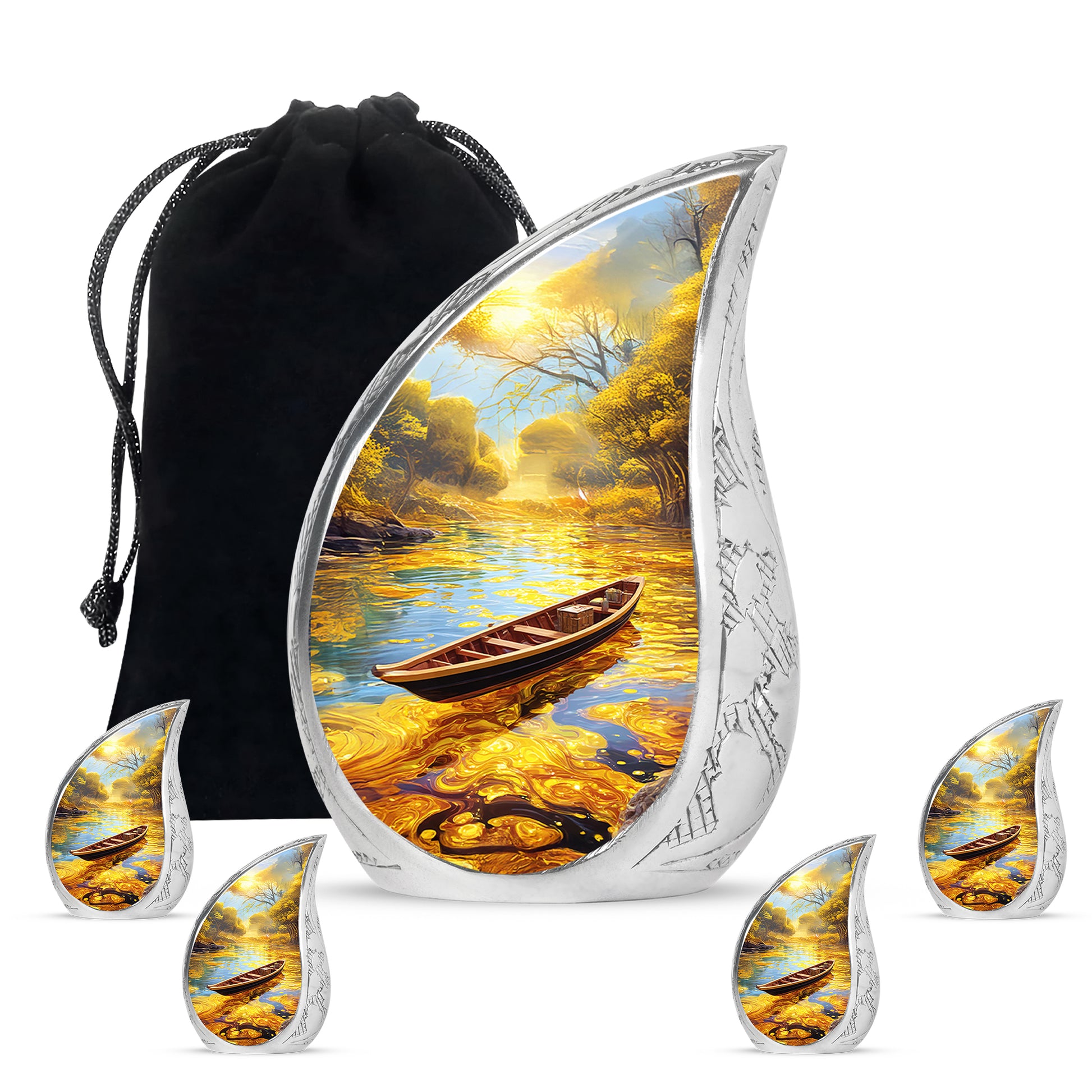 Sunrise Gold Boat Cremation Urn side profile showing urn shape - flowing teardrop boat silhouette on curved aluminum - memorial set with one large and four small urns