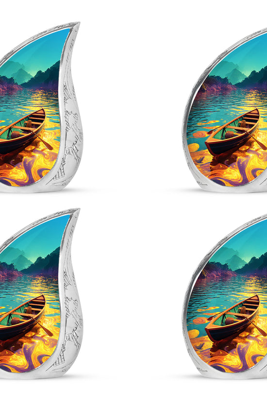 Tropical Teal Boat Cremation Urn close-up of engraving and surface detail - smooth teardrop contour featuring boat art - 10 inch aluminum urn for cremated remains