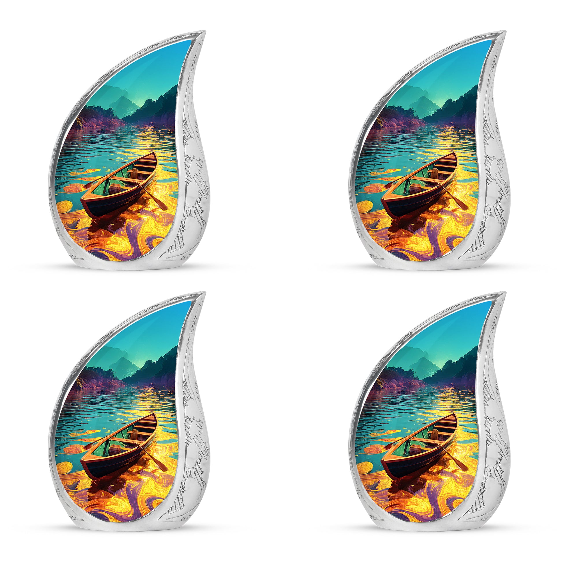 Tropical Teal Boat Cremation Urn close-up of engraving and surface detail - smooth teardrop contour featuring boat art - 10 inch aluminum urn for cremated remains