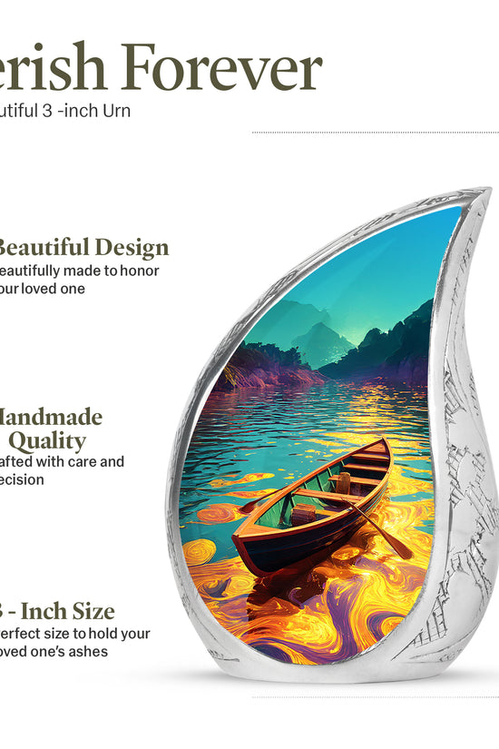 Soft Teal Boat Cremation Urn angled view of lid and engraved motif - rounded teardrop boat design with delicate detail - mini keepsake memorial for portion of cremation ashes