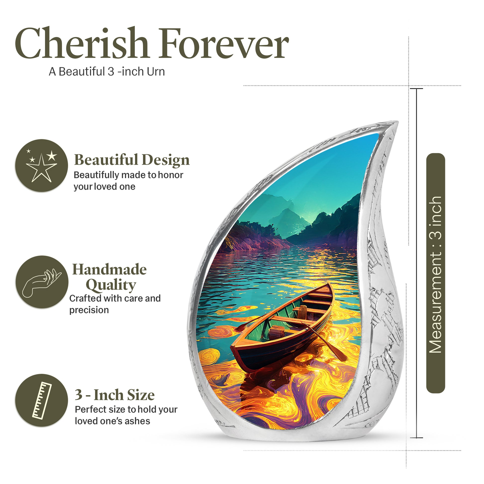 Soft Teal Boat Cremation Urn angled view of lid and engraved motif - rounded teardrop boat design with delicate detail - mini keepsake memorial for portion of cremation ashes
