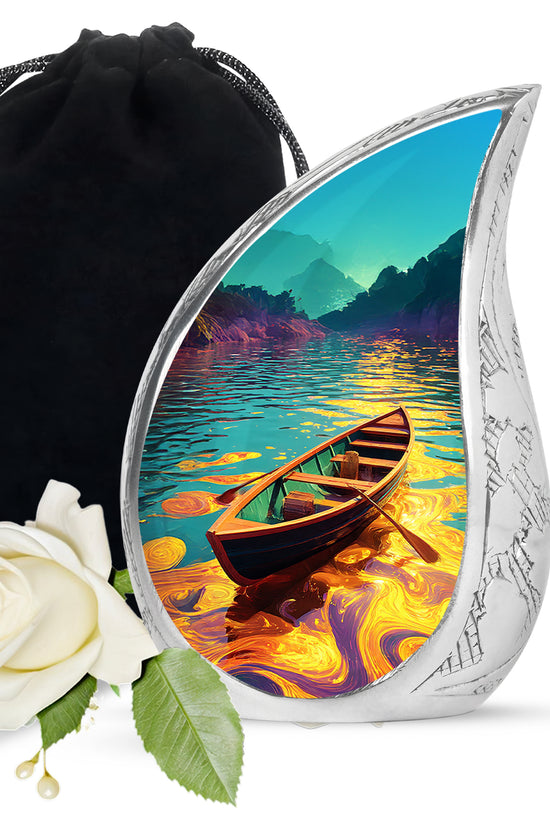 Mystic Teal Boat Cremation Urn front view showing detailed design - graceful tear-shaped urn with boat motif - full-size 10 inch 200 cubic inch adult cremation urn