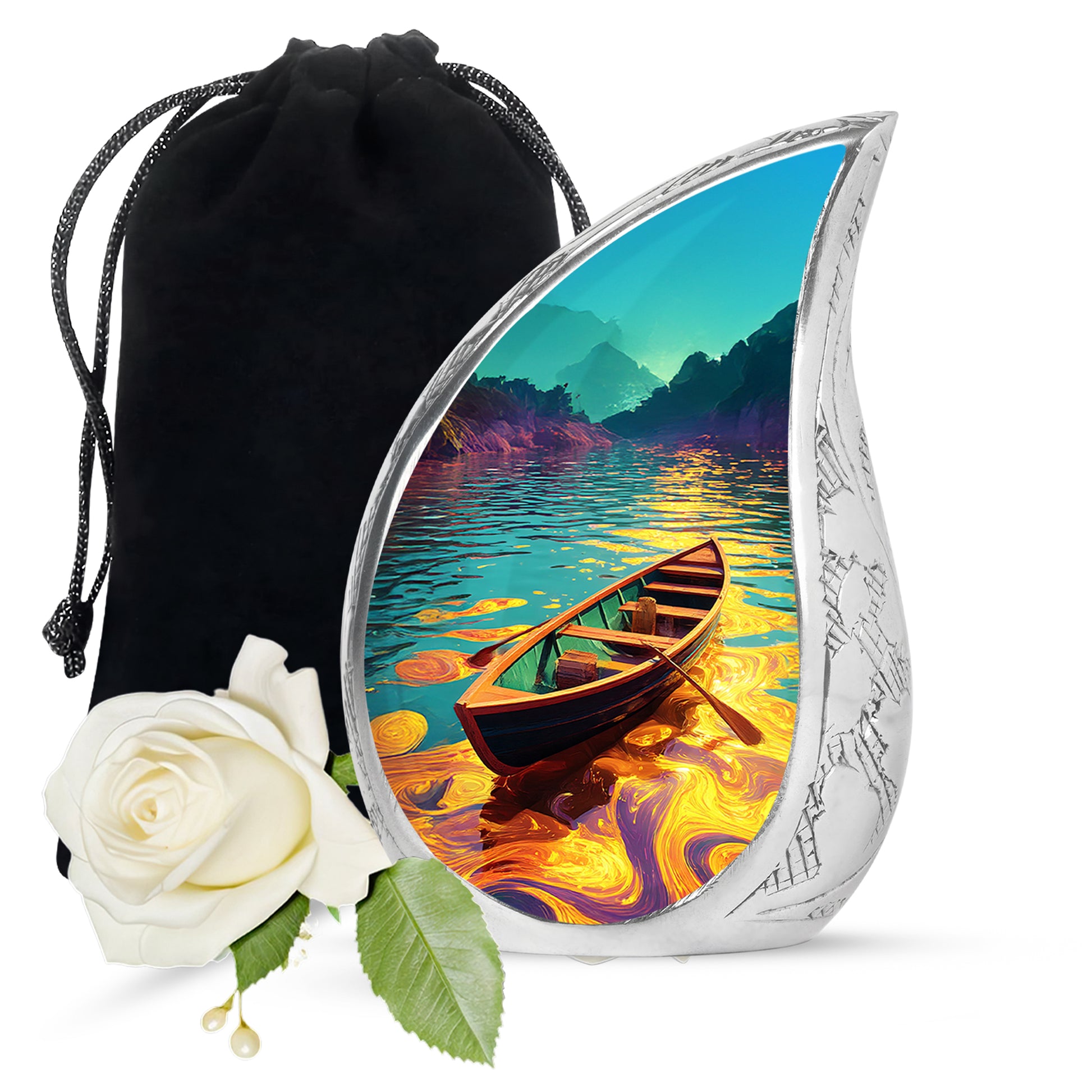 Mystic Teal Boat Cremation Urn front view showing detailed design - graceful tear-shaped urn with boat motif - full-size 10 inch 200 cubic inch adult cremation urn