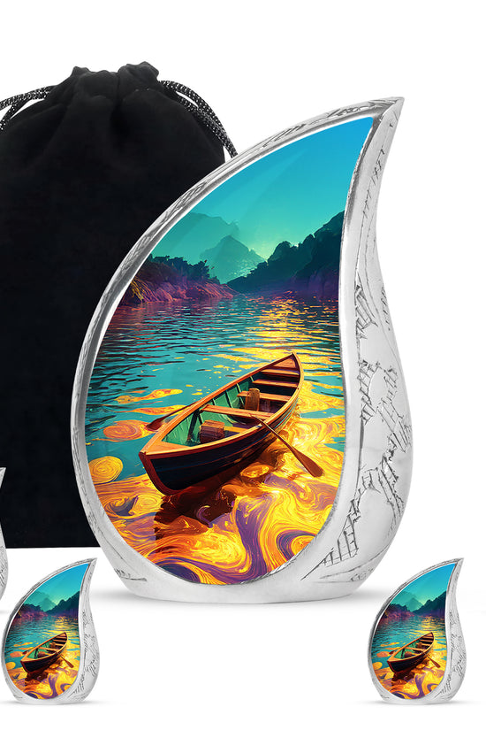Cool Teal Boat Cremation Urn side profile showing urn shape - rounded teardrop boat design with delicate detail - memorial set with one large and four small urns