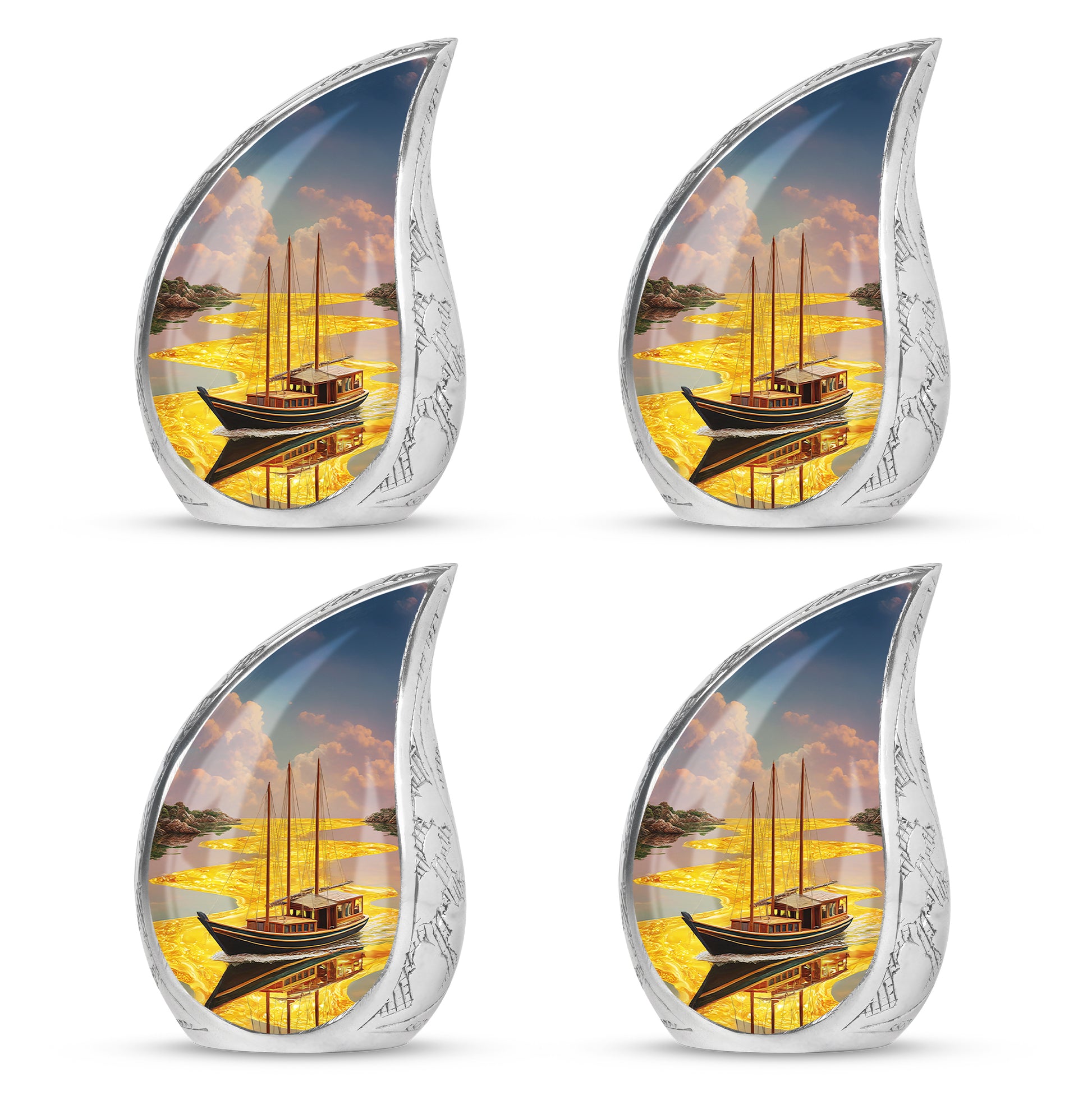 Warm Gold Boat Cremation Urn close-up of engraving and surface detail - graceful tear-shaped urn with boat motif - 10 inch aluminum urn for cremated remains