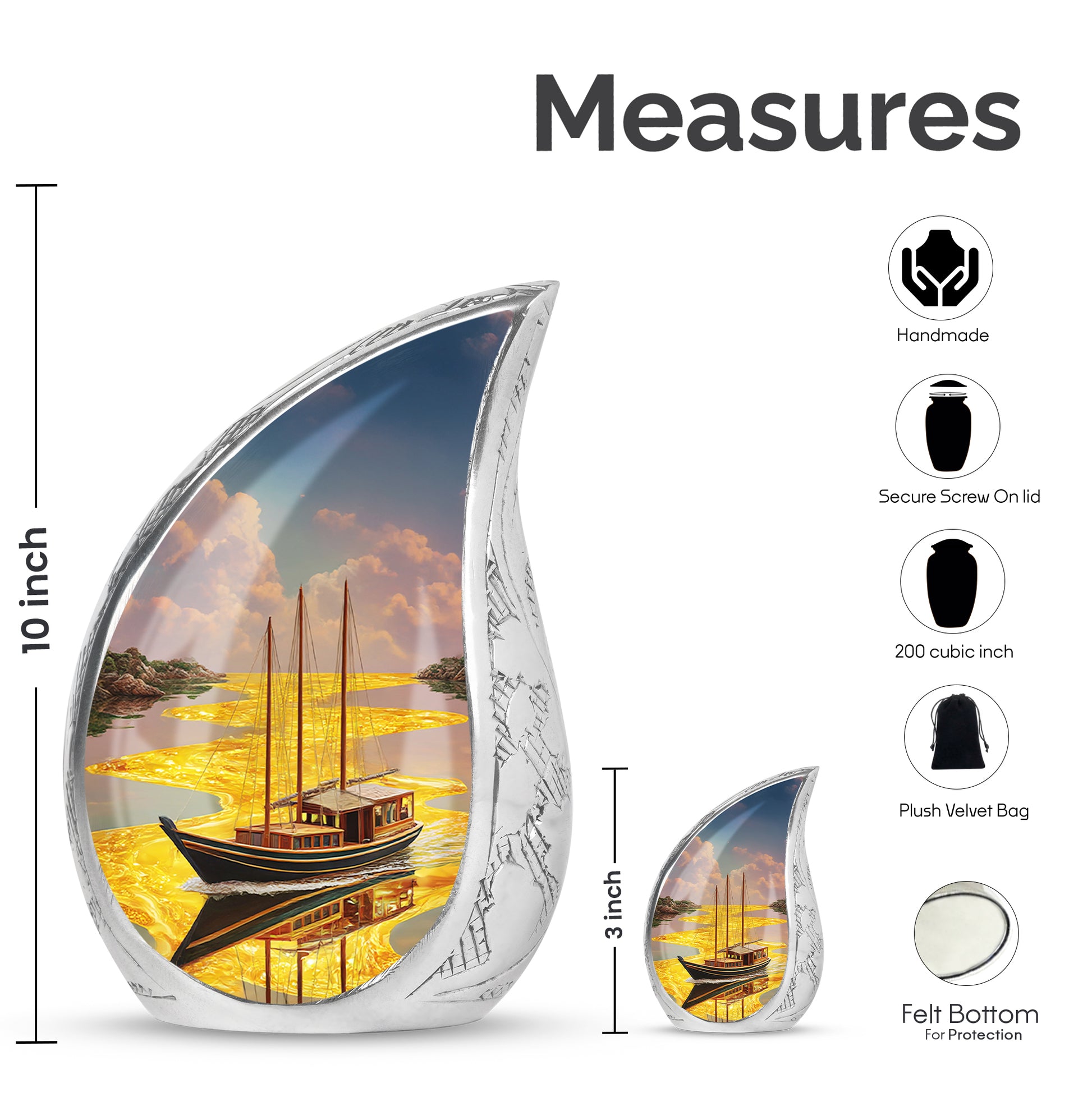 Antique Gold Boat Cremation Urn angled view of lid and engraved motif - rounded teardrop boat design with delicate detail - mini keepsake memorial for portion of cremation ashes