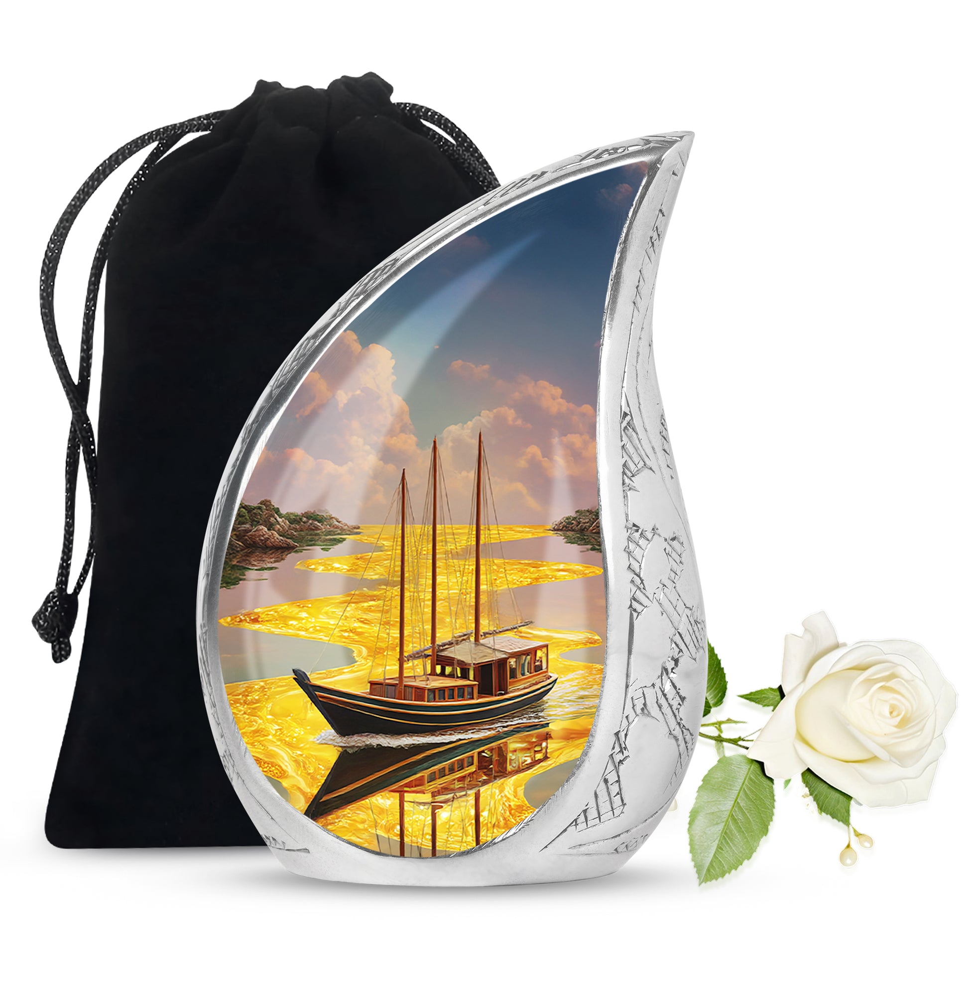 Gilded Gold Boat Cremation Urn front view showing detailed design - rounded teardrop boat design with delicate detail - full-size 10 inch 200 cubic inch adult cremation urn