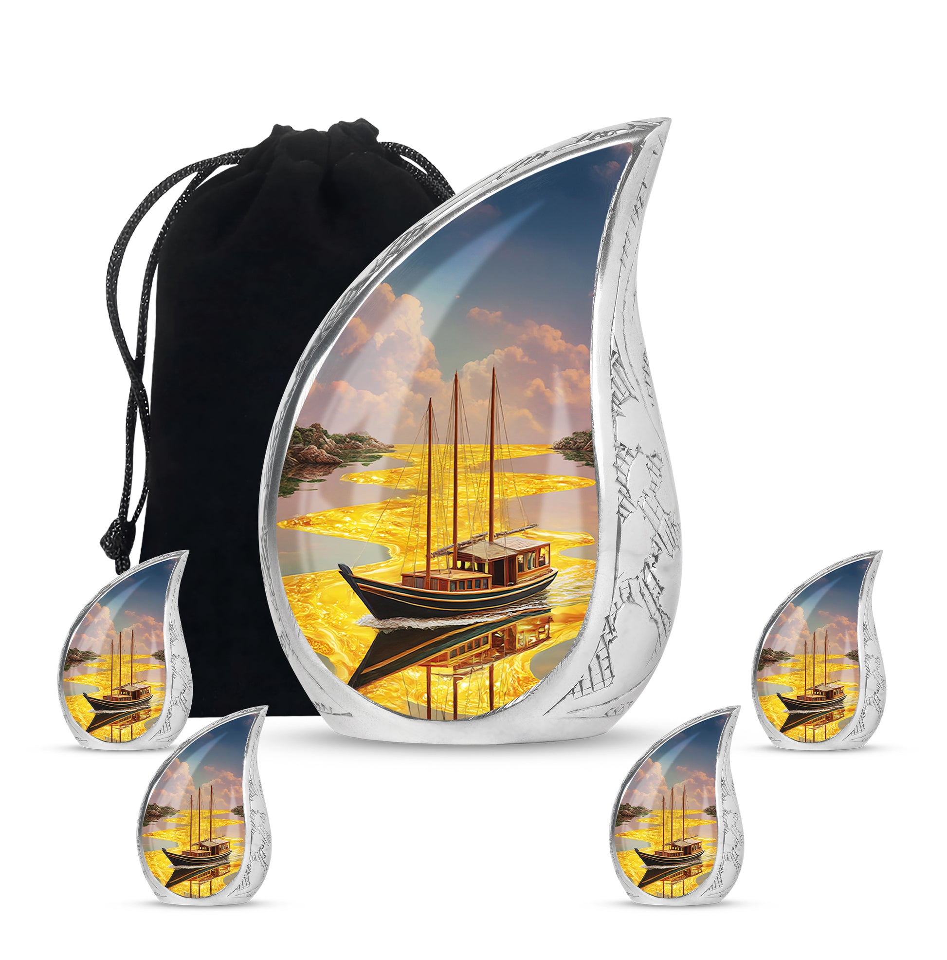 Royal Gold Boat Cremation Urn side profile showing urn shape - smooth teardrop contour featuring boat art - memorial set with one large and four small urns