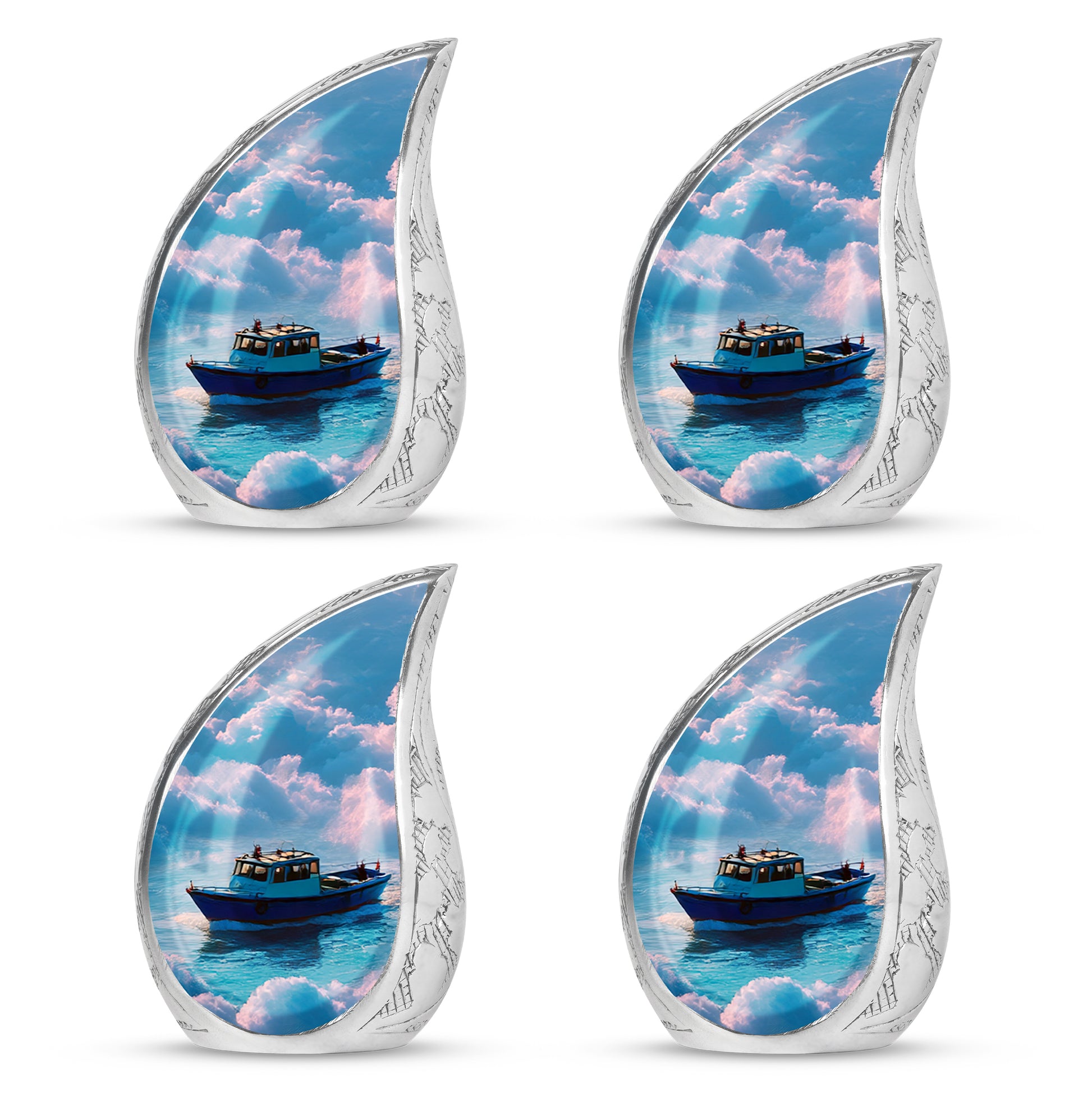 Pastel Blue Boat Cremation Urn close-up of engraving and surface detail - rounded teardrop boat design with delicate detail - 10 inch aluminum urn for cremated remains
