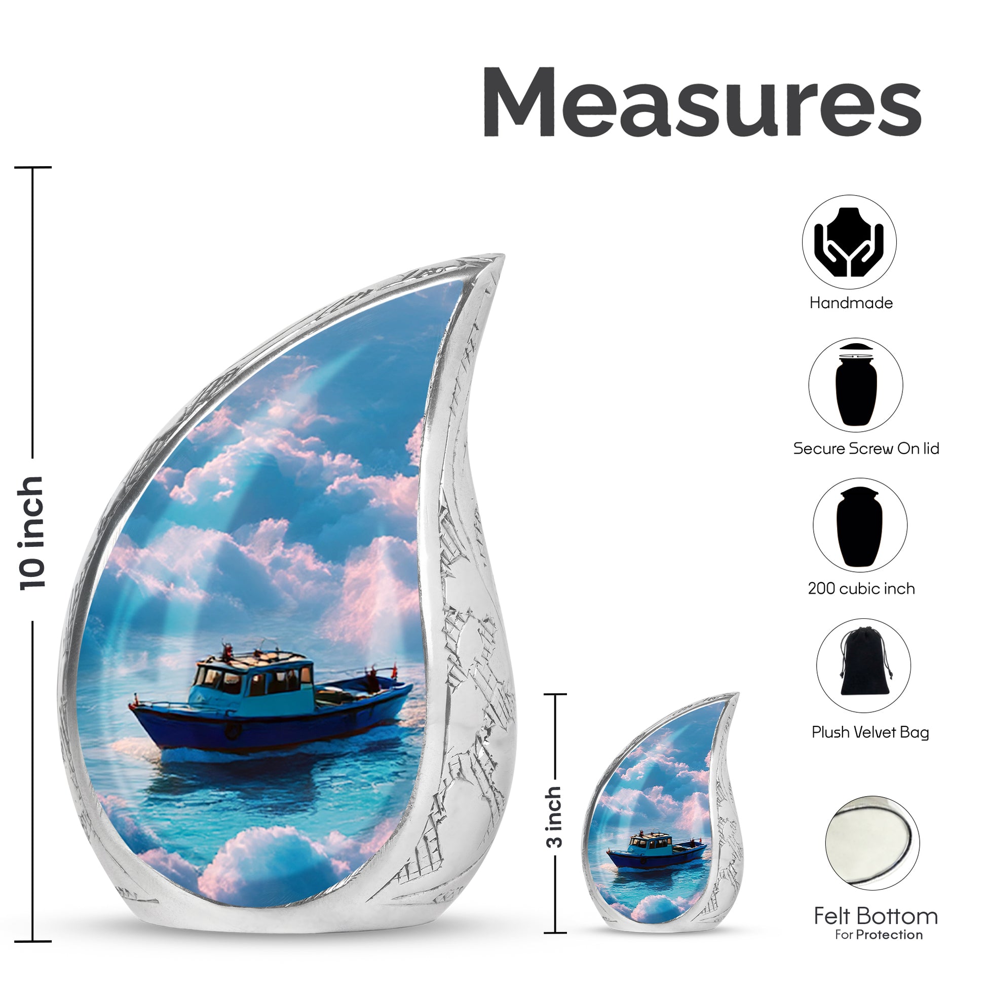 Dusty Blue Boat Cremation Urn angled view of lid and engraved motif - rounded teardrop boat design with delicate detail - mini keepsake memorial for portion of cremation ashes
