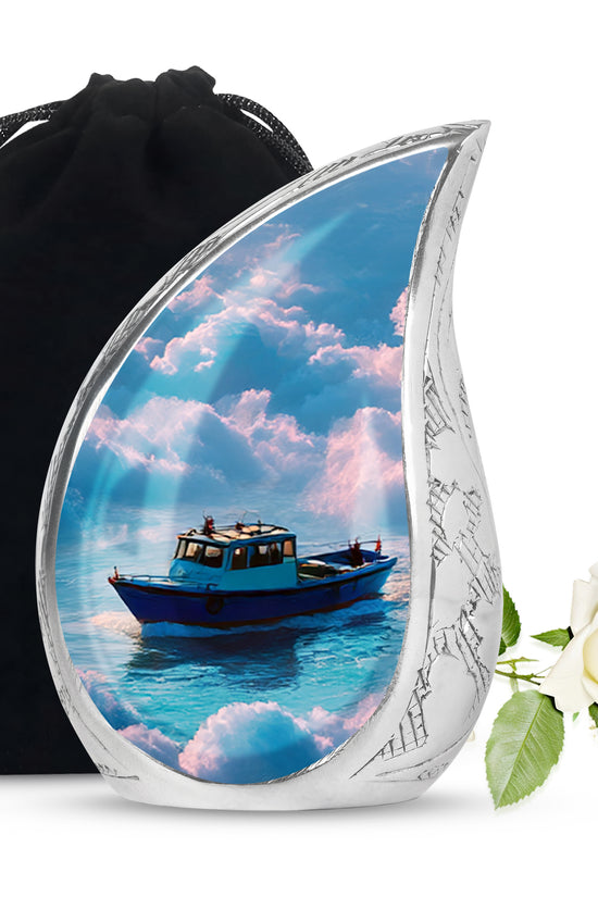 Royal Blue Boat Cremation Urn front view showing detailed design - graceful tear-shaped urn with boat motif - full-size 10 inch 200 cubic inch adult cremation urn
