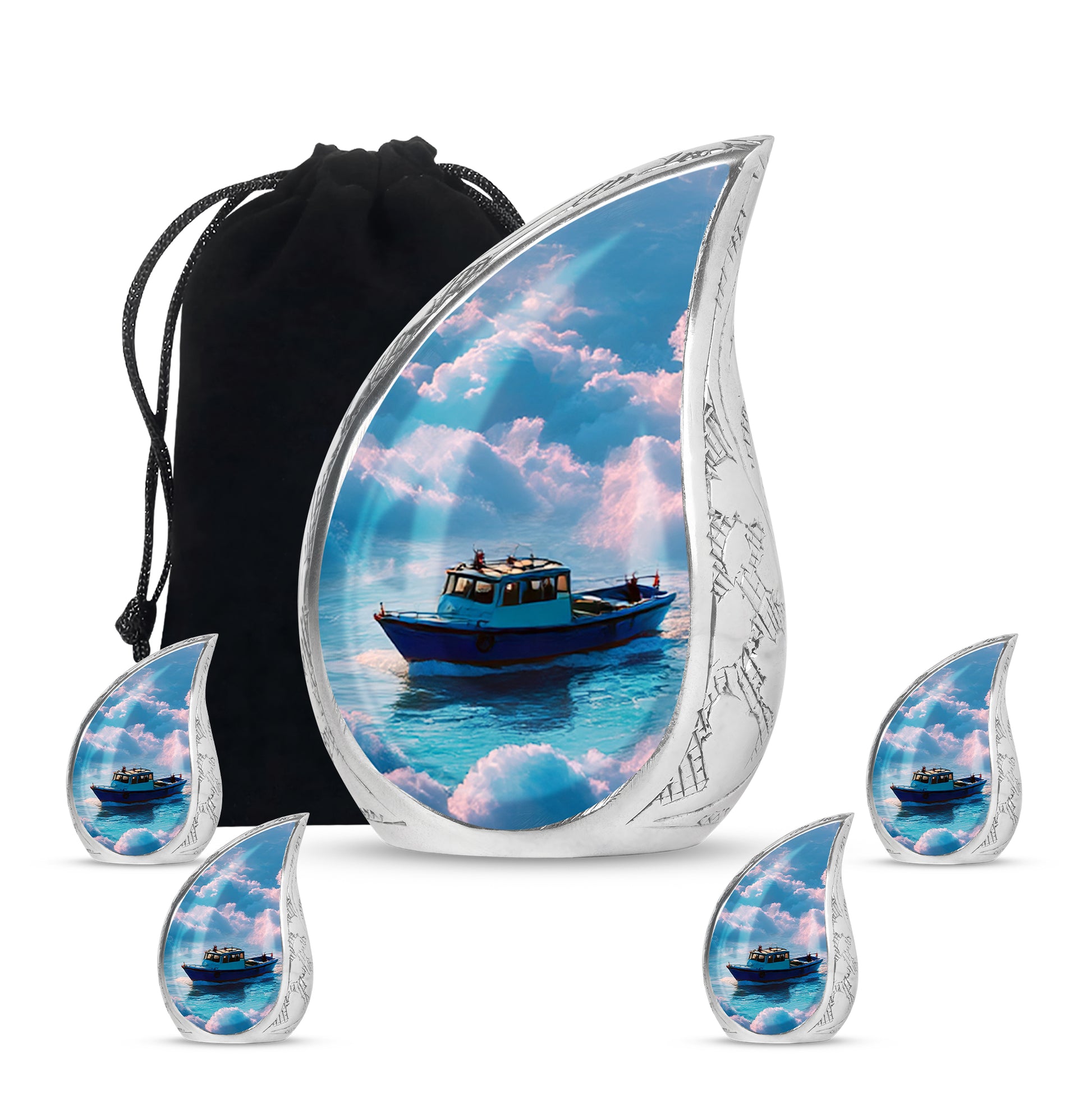 Dusty Blue Boat Cremation Urn side profile showing urn shape - rounded teardrop boat design with delicate detail - memorial set with one large and four small urns