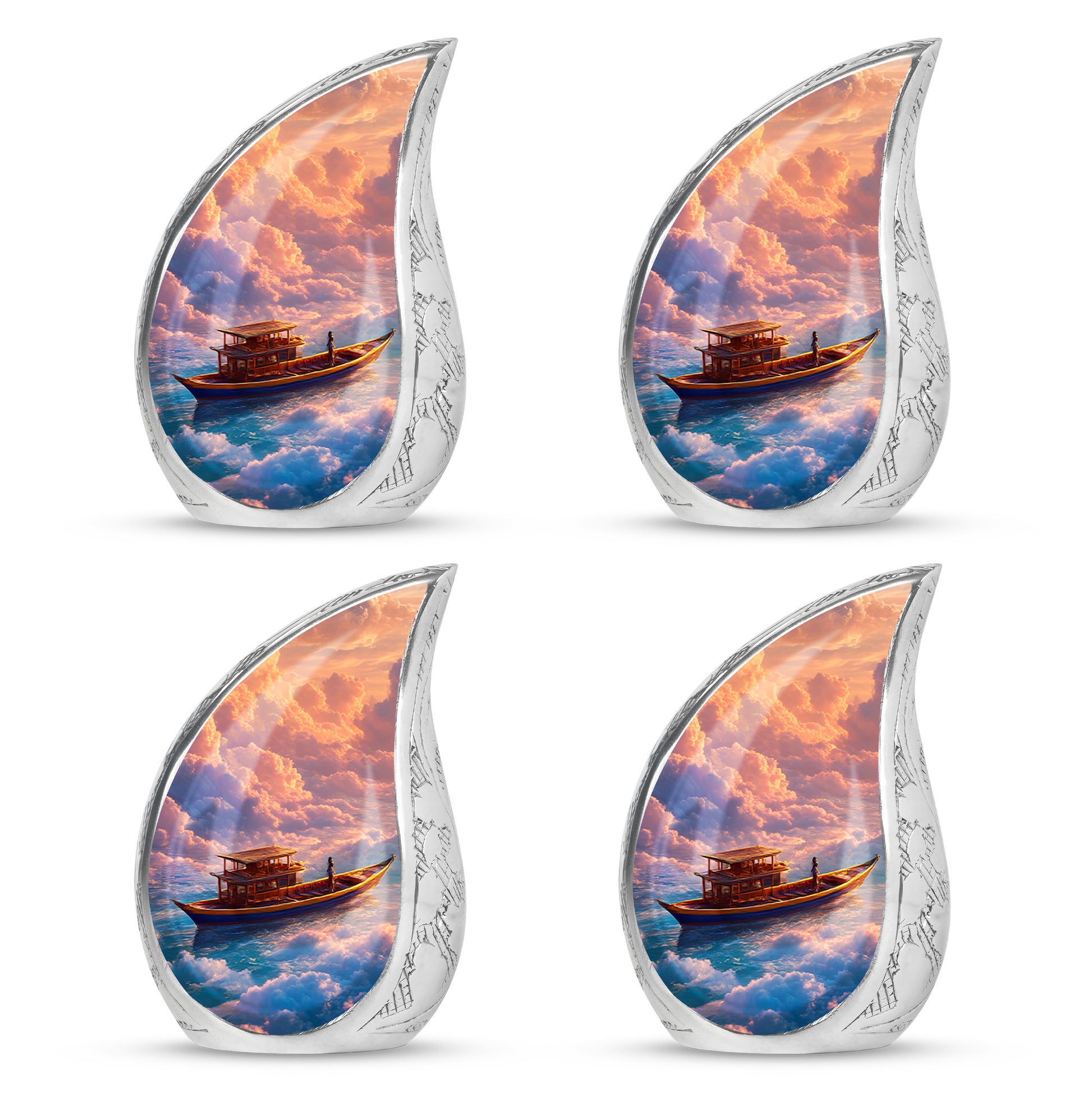 Burgundy Red Boat Cremation Urn close-up of engraving and surface detail - rounded teardrop boat design with delicate detail - 10 inch aluminum urn for cremated remains