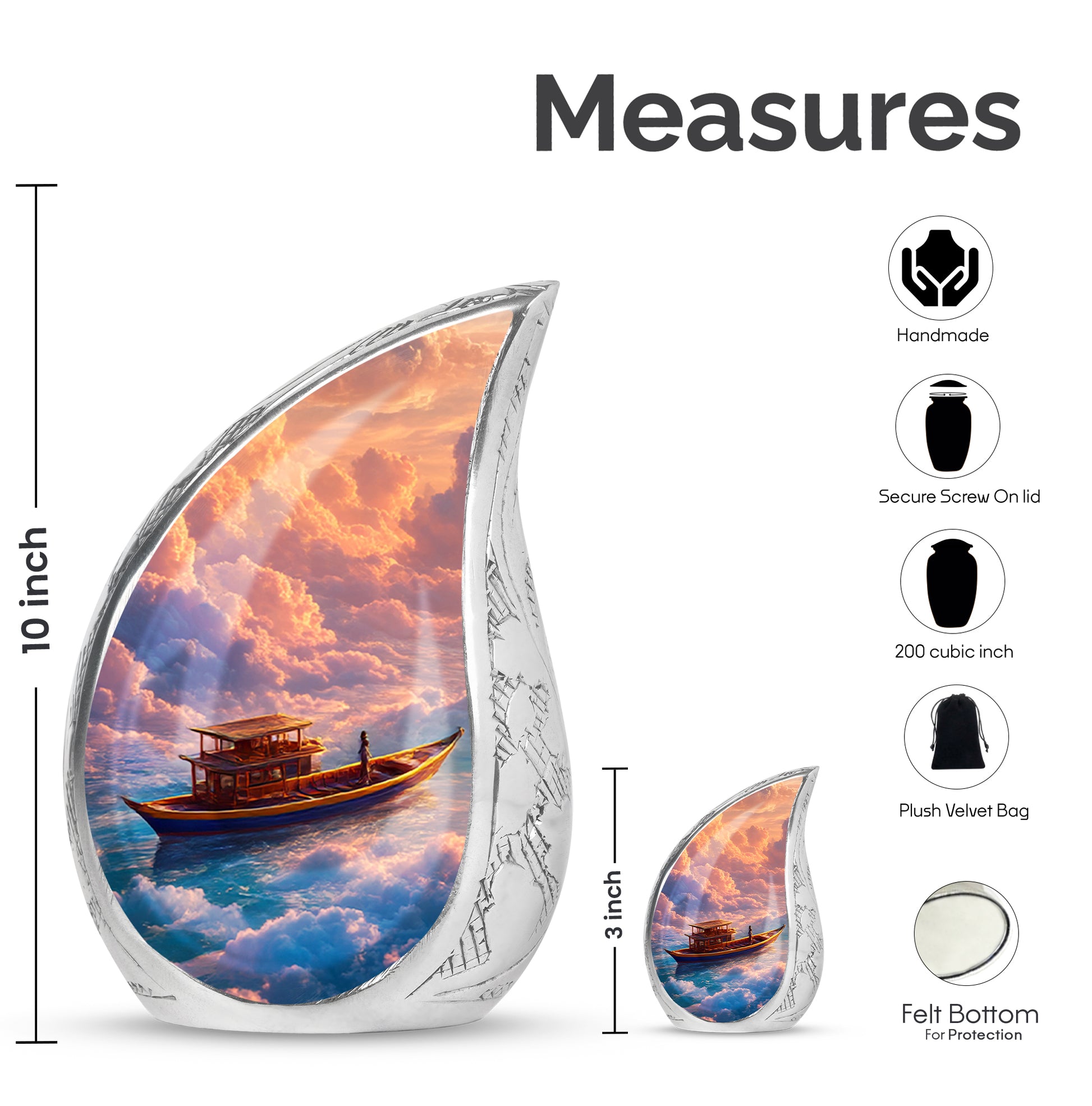 Rich Red Boat Cremation Urn angled view of lid and engraved motif - graceful tear-shaped urn with boat motif - mini keepsake memorial for portion of cremation ashes
