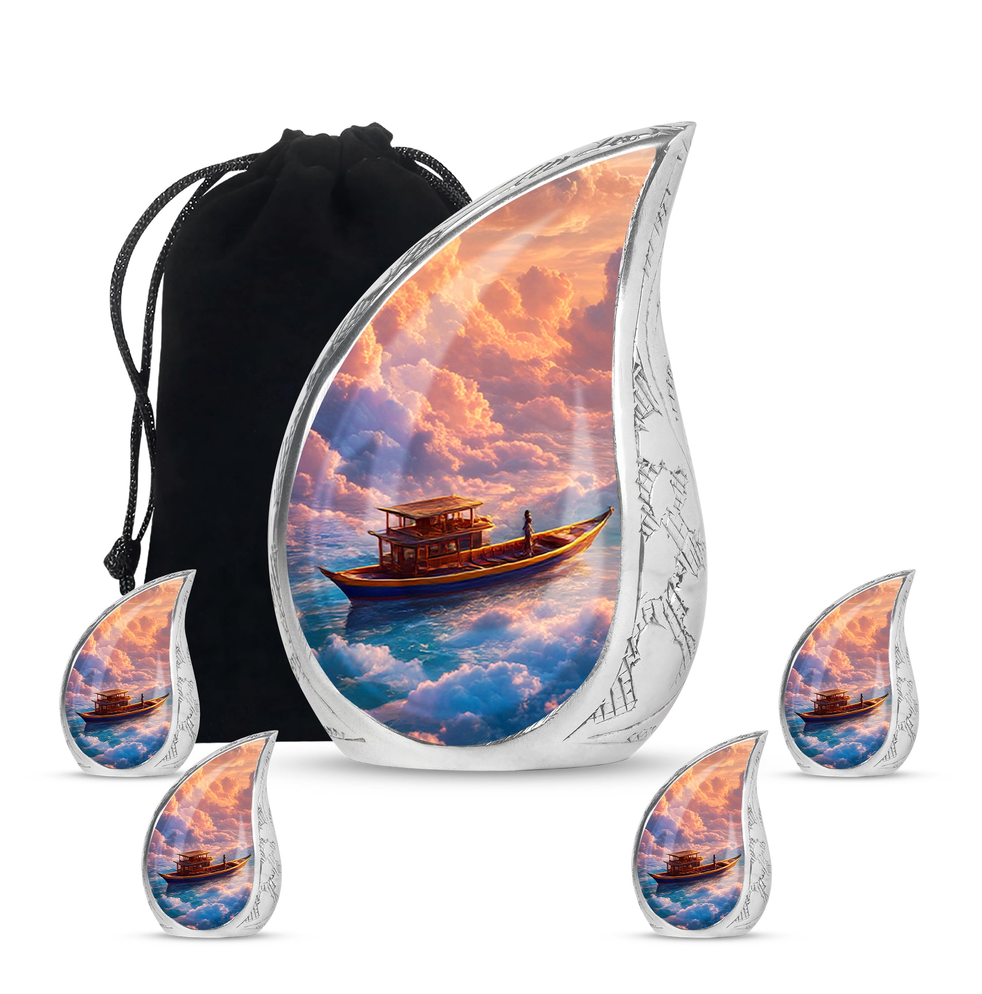 Deep Red Boat Cremation Urn side profile showing urn shape - flowing teardrop boat silhouette on curved aluminum - memorial set with one large and four small urns