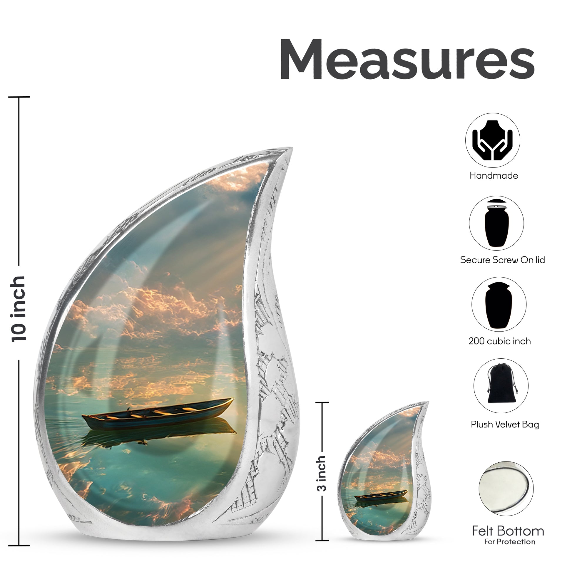 Jet Black Boat Cremation Urn angled view of lid and engraved motif - flowing teardrop boat silhouette on curved aluminum - mini keepsake memorial for portion of cremation ashes