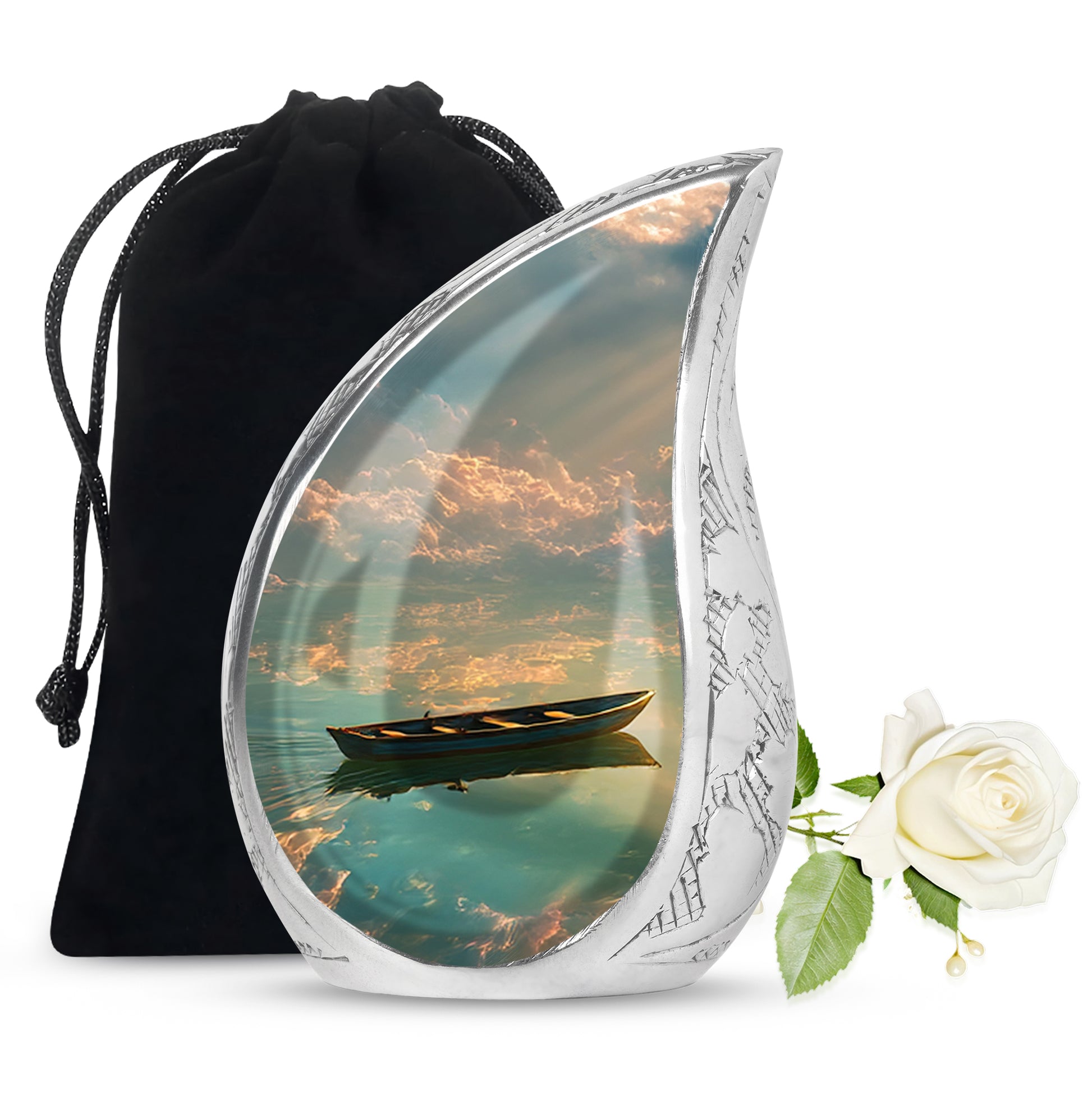 Onyx Black Boat Cremation Urn front view showing detailed design - smooth teardrop contour featuring boat art - full-size 10 inch 200 cubic inch adult cremation urn