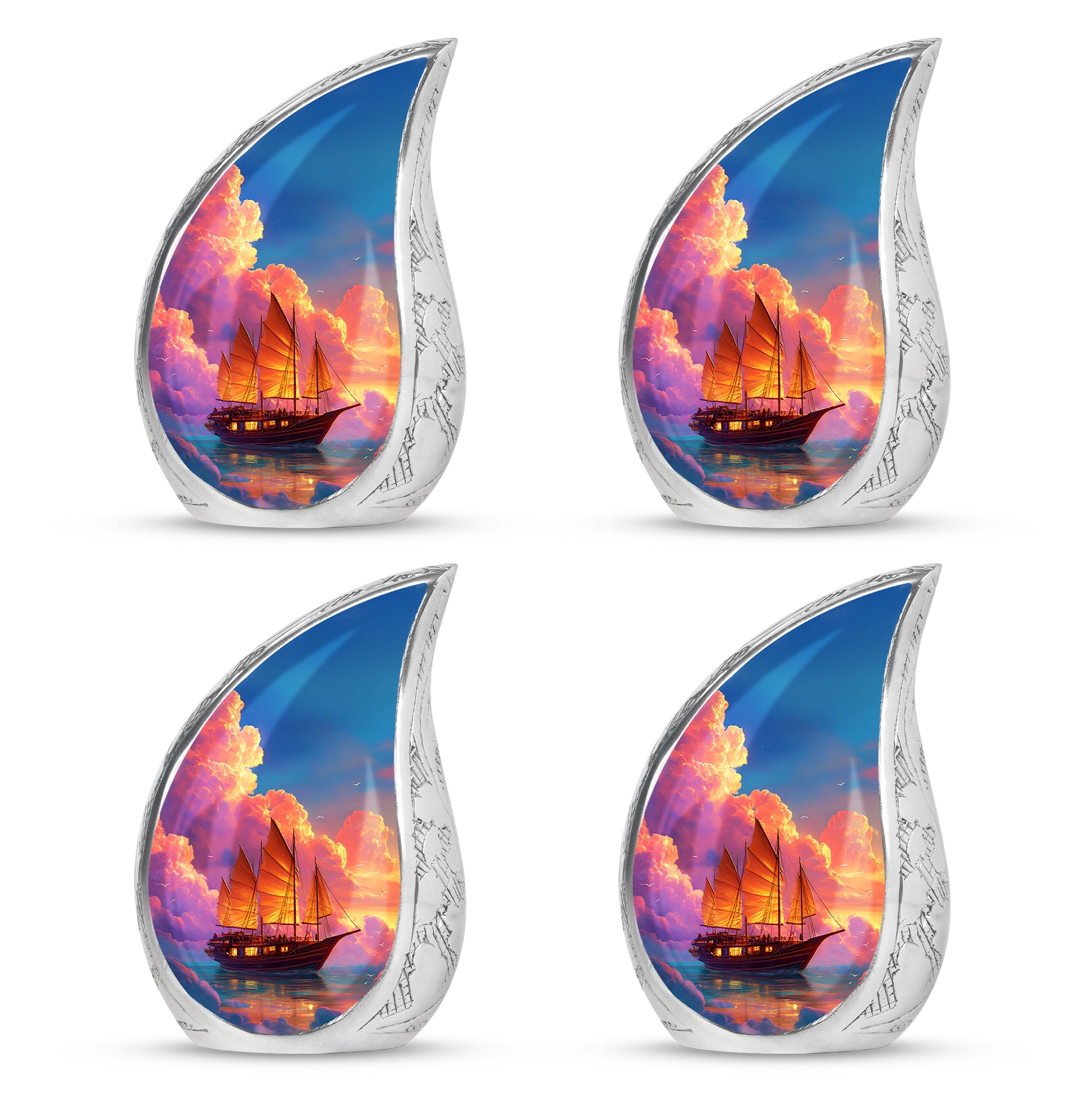 Steel Blue Boat Cremation Urn close-up of engraving and surface detail - smooth teardrop contour featuring boat art - 10 inch aluminum urn for cremated remains