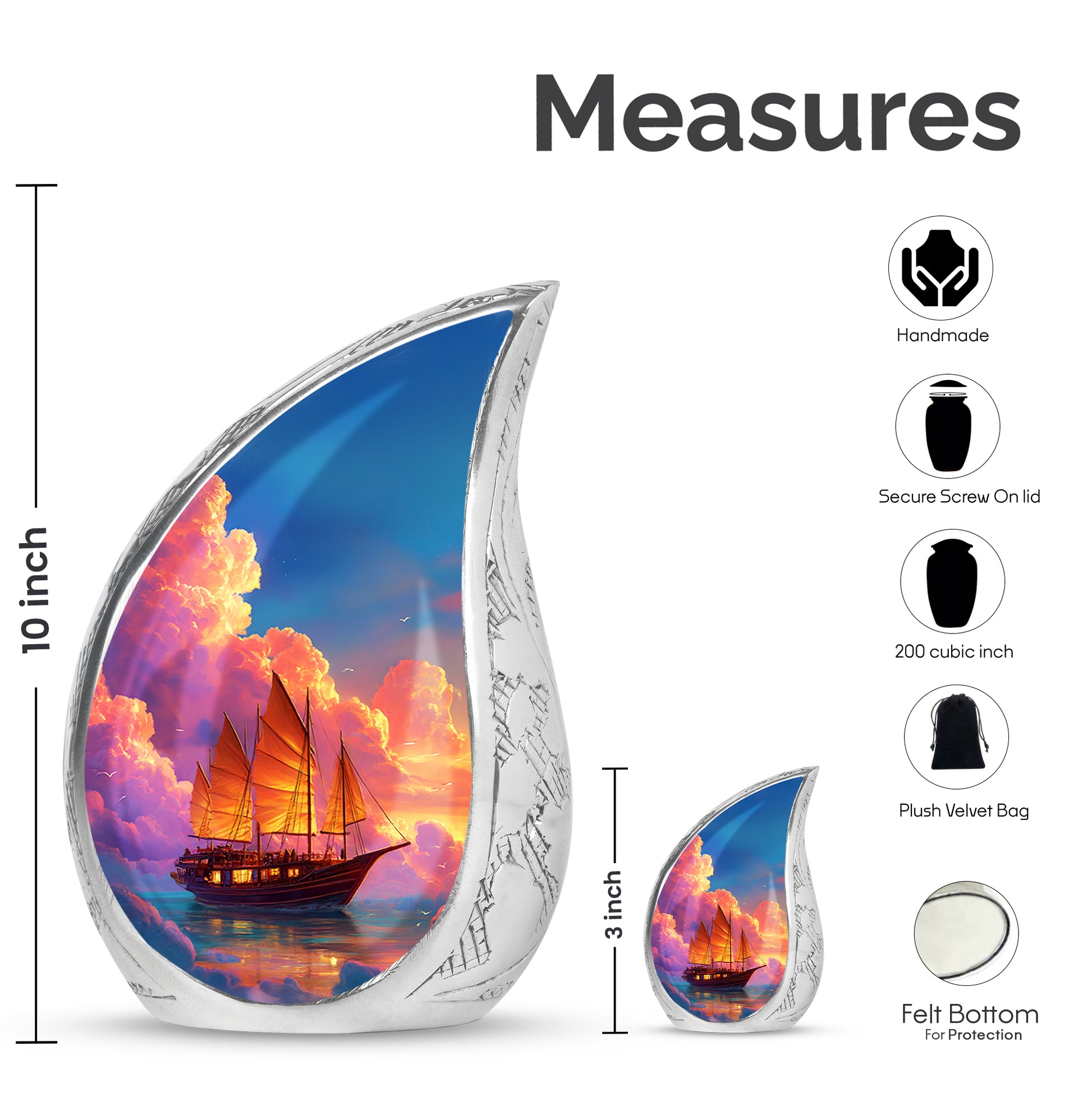 Dusty Blue Boat Cremation Urn angled view of lid and engraved motif - flowing teardrop boat silhouette on curved aluminum - mini keepsake memorial for portion of cremation ashes