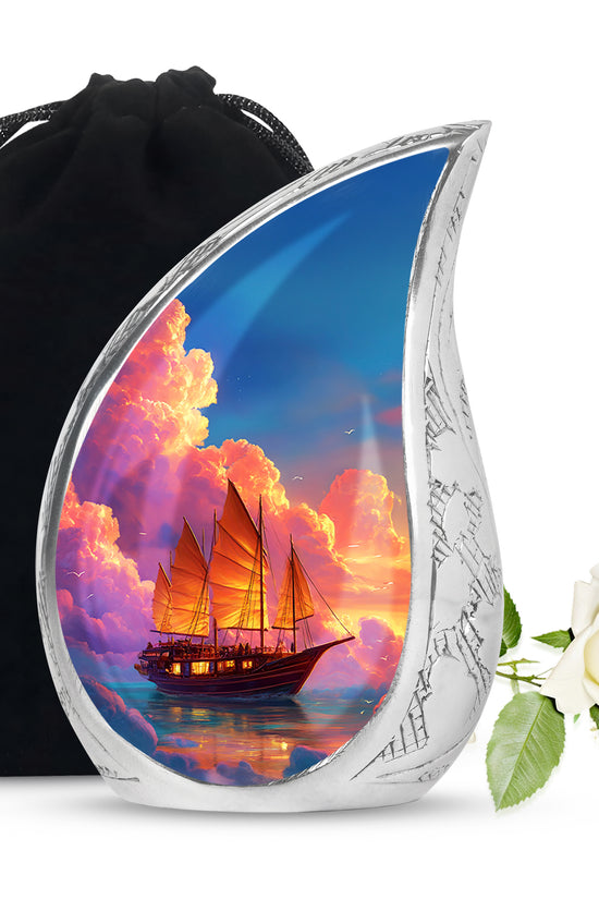 Sky Blue Boat Cremation Urn front view showing detailed design - rounded teardrop boat design with delicate detail - full-size 10 inch 200 cubic inch adult cremation urn