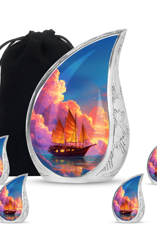 Pastel Blue Boat Cremation Urn side profile showing urn shape - rounded teardrop boat design with delicate detail - memorial set with one large and four small urns
