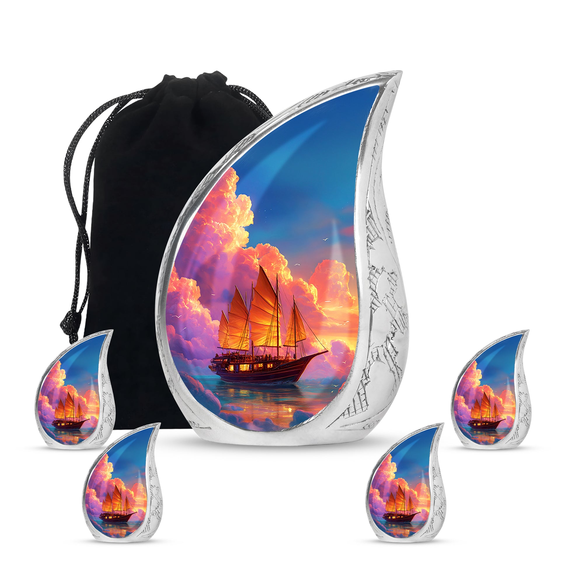 Pastel Blue Boat Cremation Urn side profile showing urn shape - rounded teardrop boat design with delicate detail - memorial set with one large and four small urns