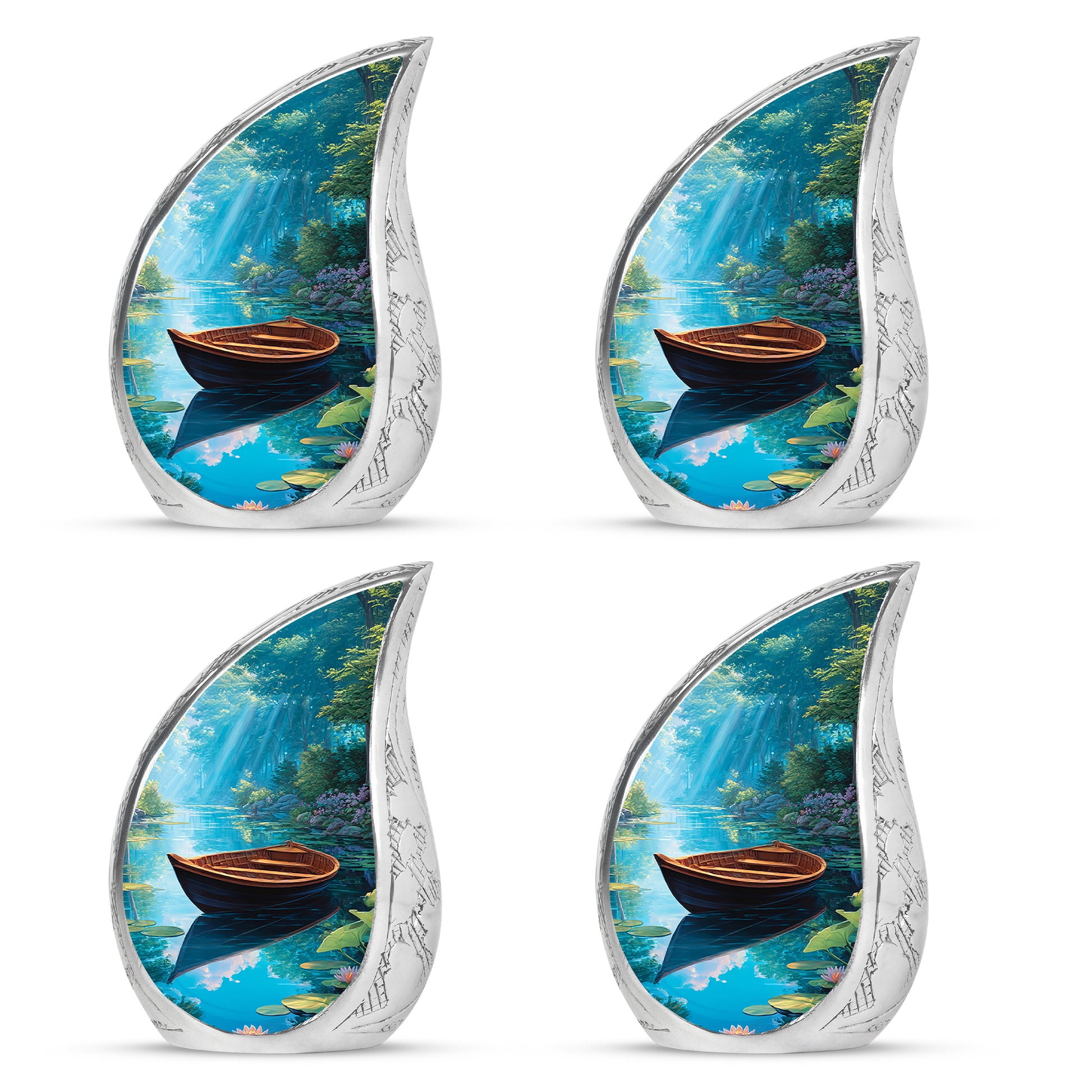 Soft Blue Boat Cremation Urn close-up of engraving and surface detail - smooth teardrop contour featuring boat art - 10 inch aluminum urn for cremated remains