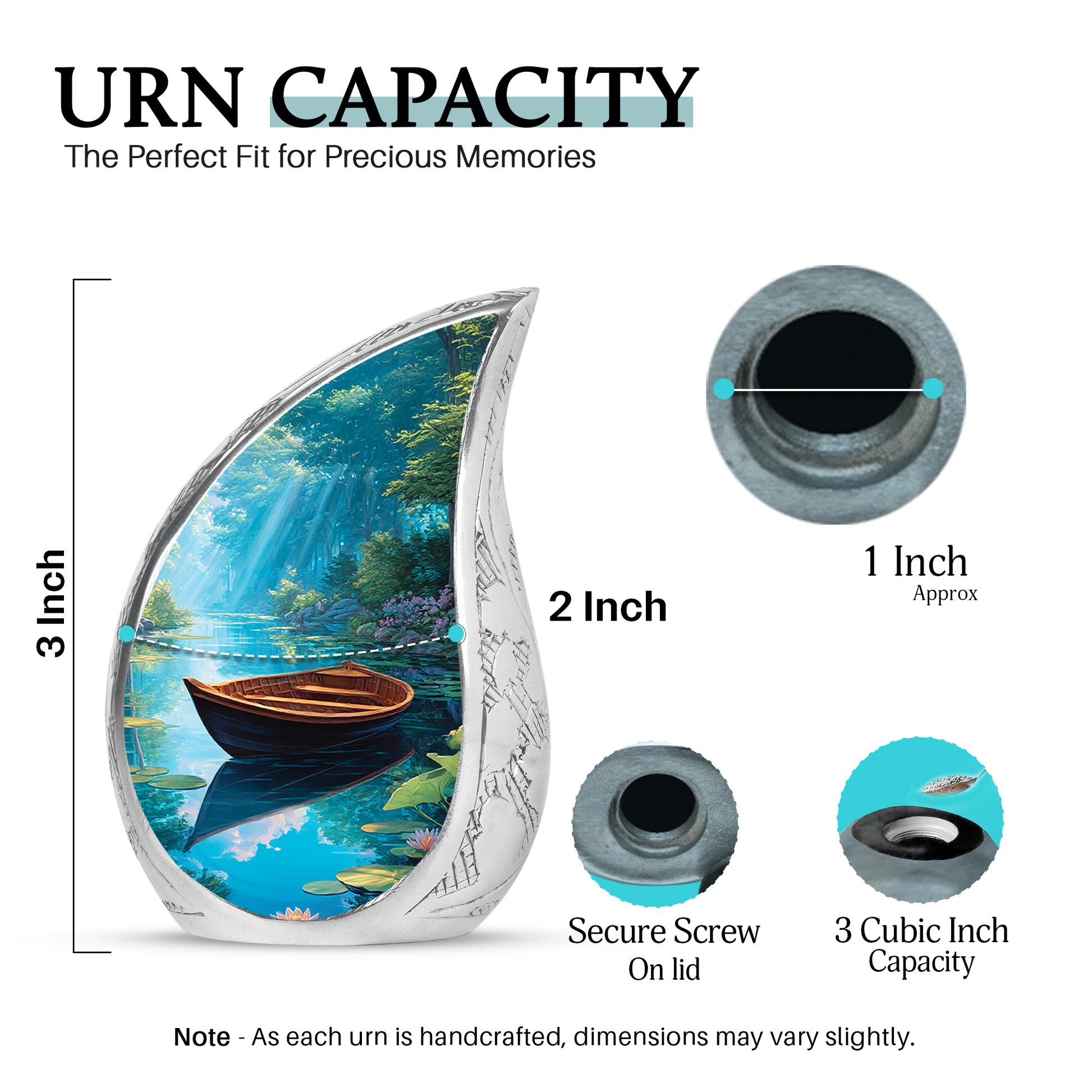 Indigo Boat Cremation Urn angled view of lid and engraved motif - flowing teardrop boat silhouette on curved aluminum - mini keepsake memorial for portion of cremation ashes