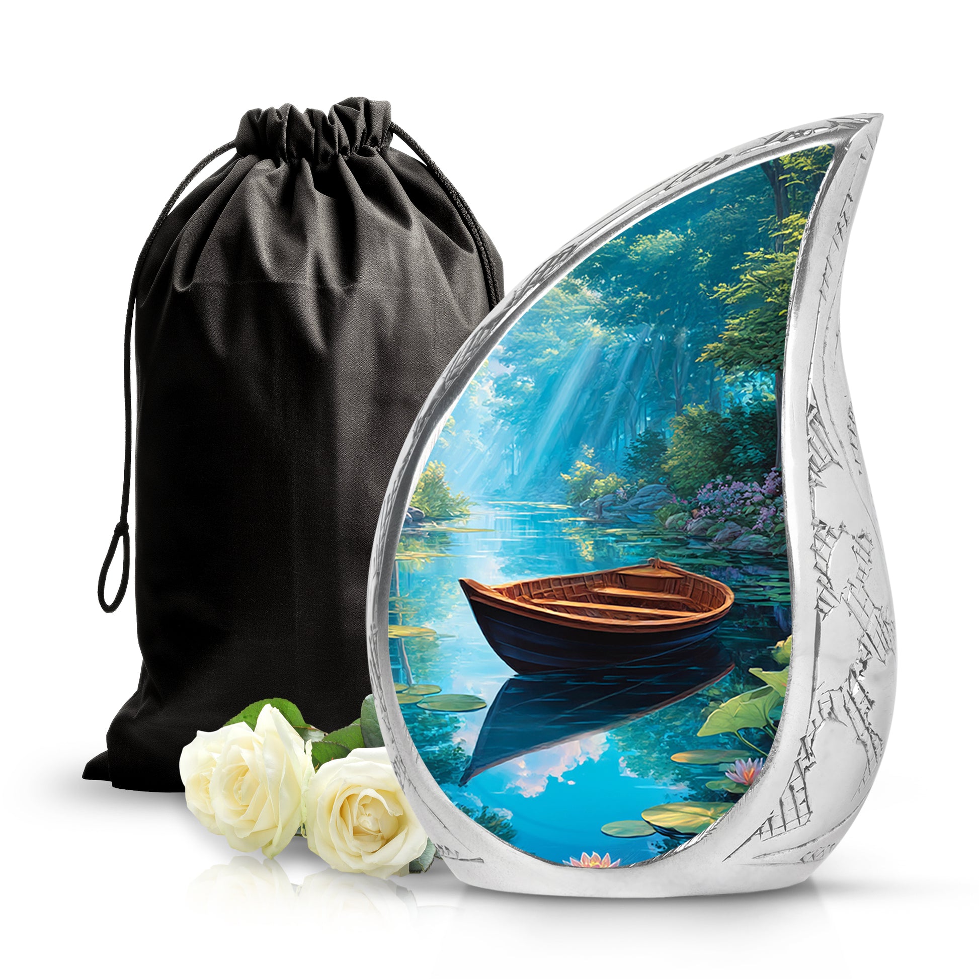 Pastel Blue Boat Cremation Urn front view showing detailed design - flowing teardrop boat silhouette on curved aluminum - full-size 10 inch 200 cubic inch adult cremation urn