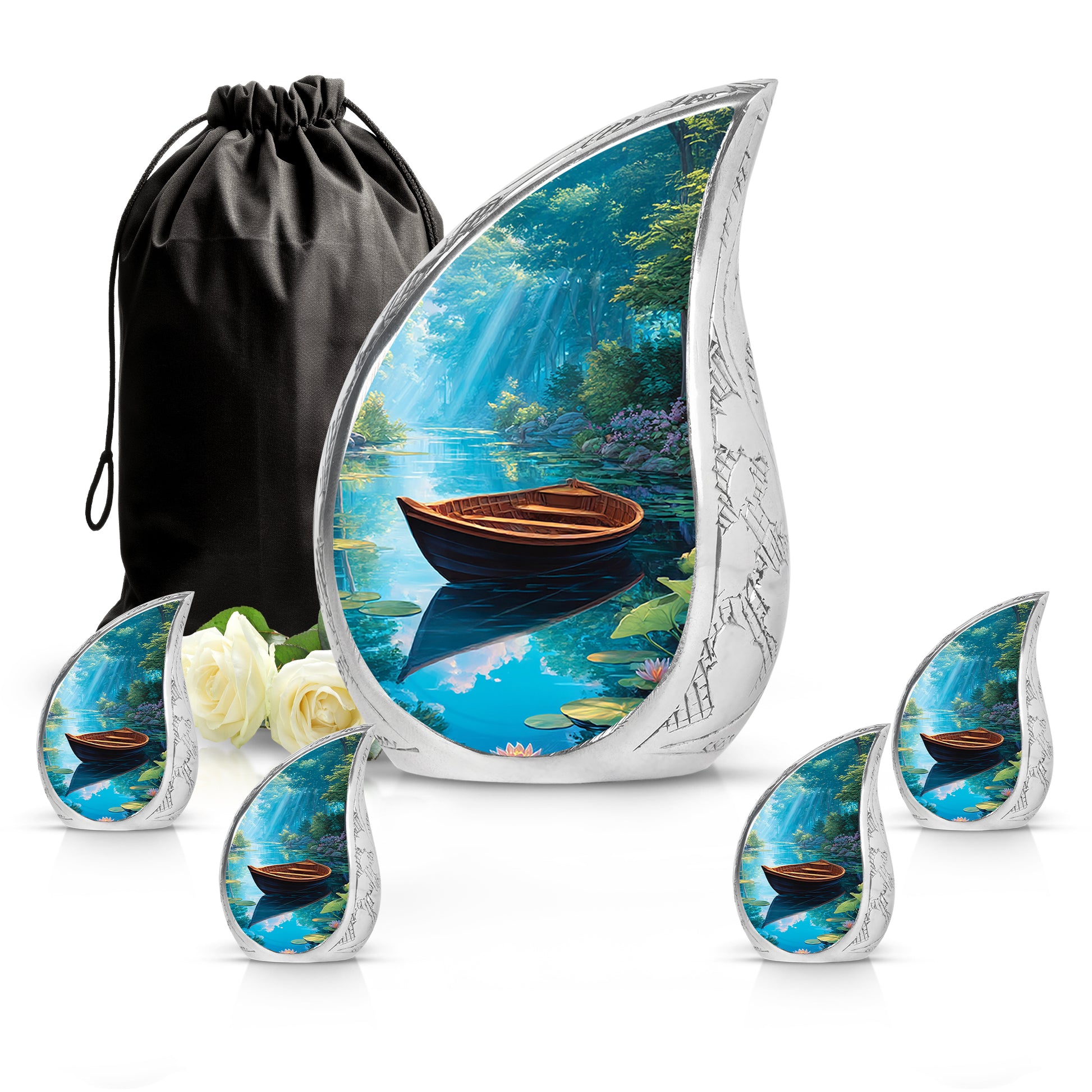 Dusty Blue Boat Cremation Urn side profile showing urn shape - rounded teardrop boat design with delicate detail - memorial set with one large and four small urns