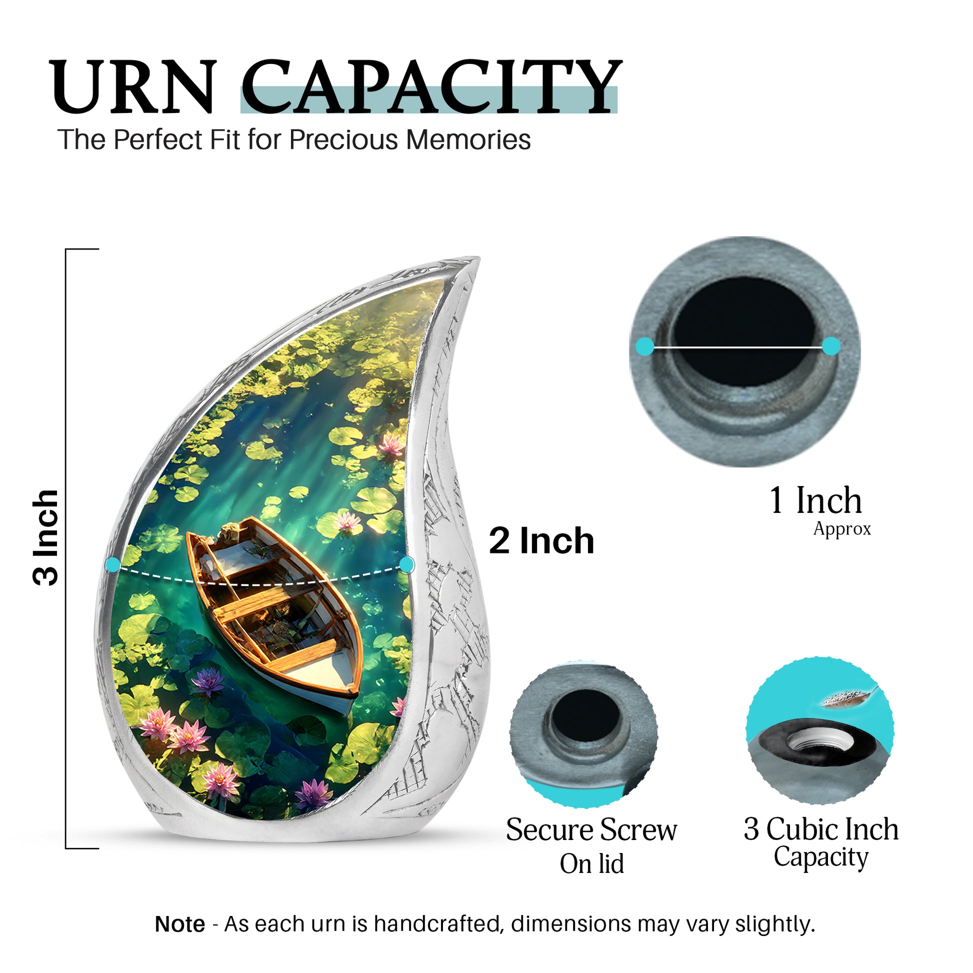 Icy Blue Boat Cremation Urn angled view of lid and engraved motif - flowing teardrop boat silhouette on curved aluminum - mini keepsake memorial for portion of cremation ashes