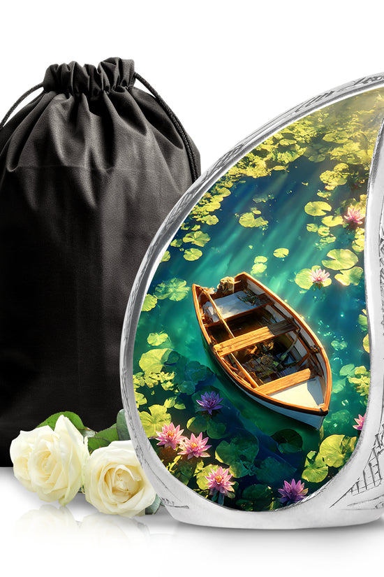 Celestial Blue Boat Cremation Urn front view showing detailed design - flowing teardrop boat silhouette on curved aluminum - full-size 10 inch 200 cubic inch adult cremation urn