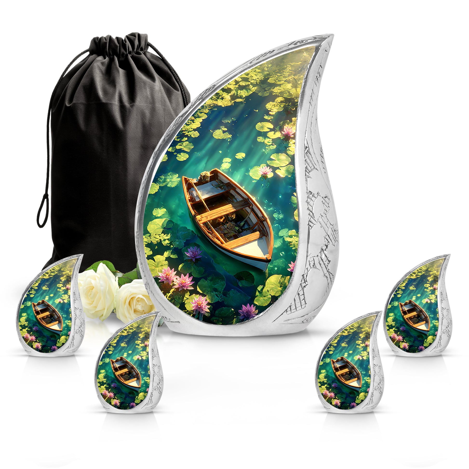 Vivid Blue Boat Cremation Urn side profile showing urn shape - smooth teardrop contour featuring boat art - memorial set with one large and four small urns
