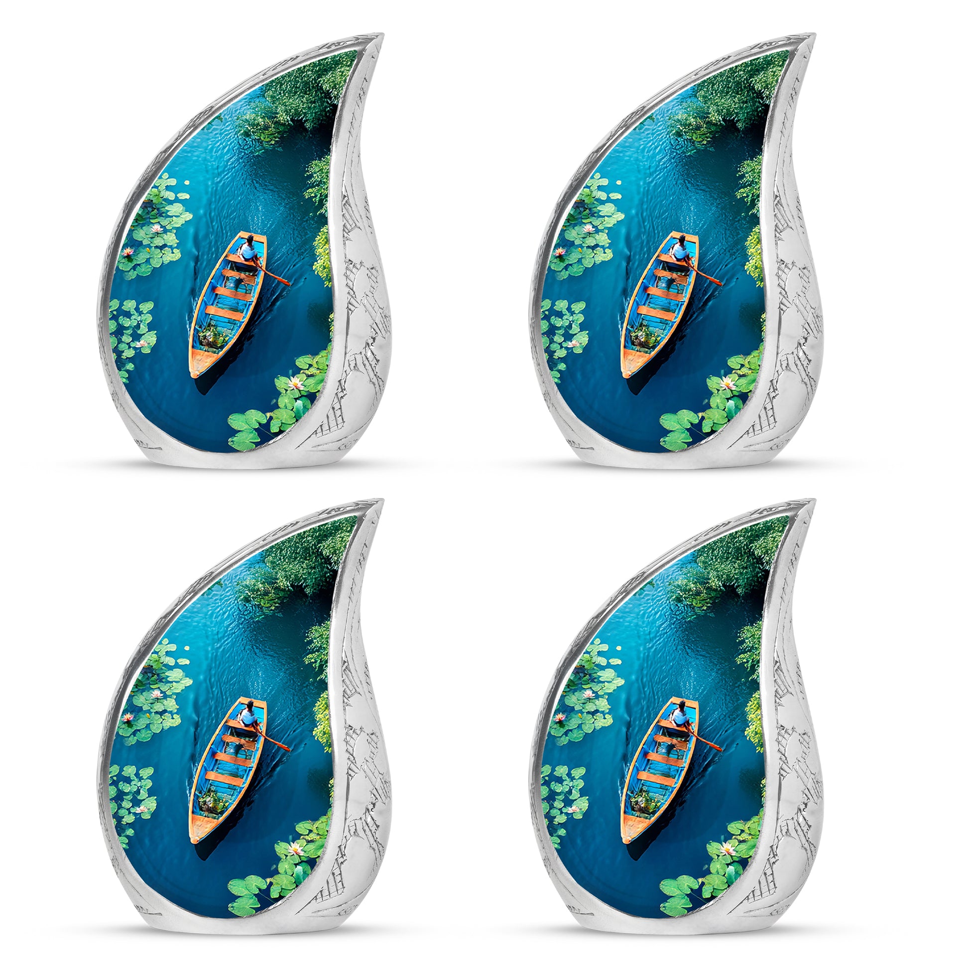Cool Teal Boat Cremation Urn close-up of engraving and surface detail - flowing teardrop boat silhouette on curved aluminum - 10 inch aluminum urn for cremated remains