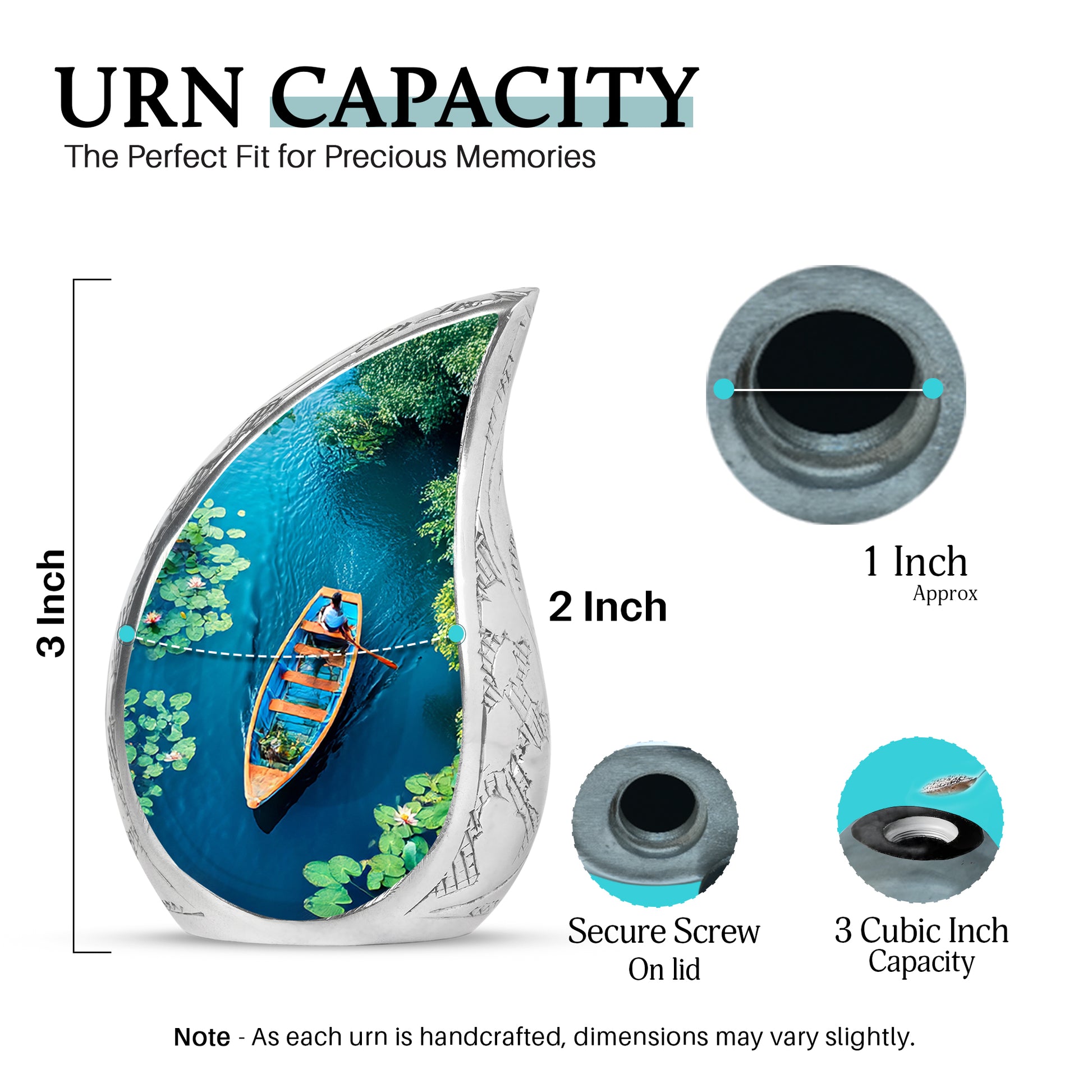Deep Teal Boat Cremation Urn angled view of lid and engraved motif - smooth teardrop contour featuring boat art - mini keepsake memorial for portion of cremation ashes