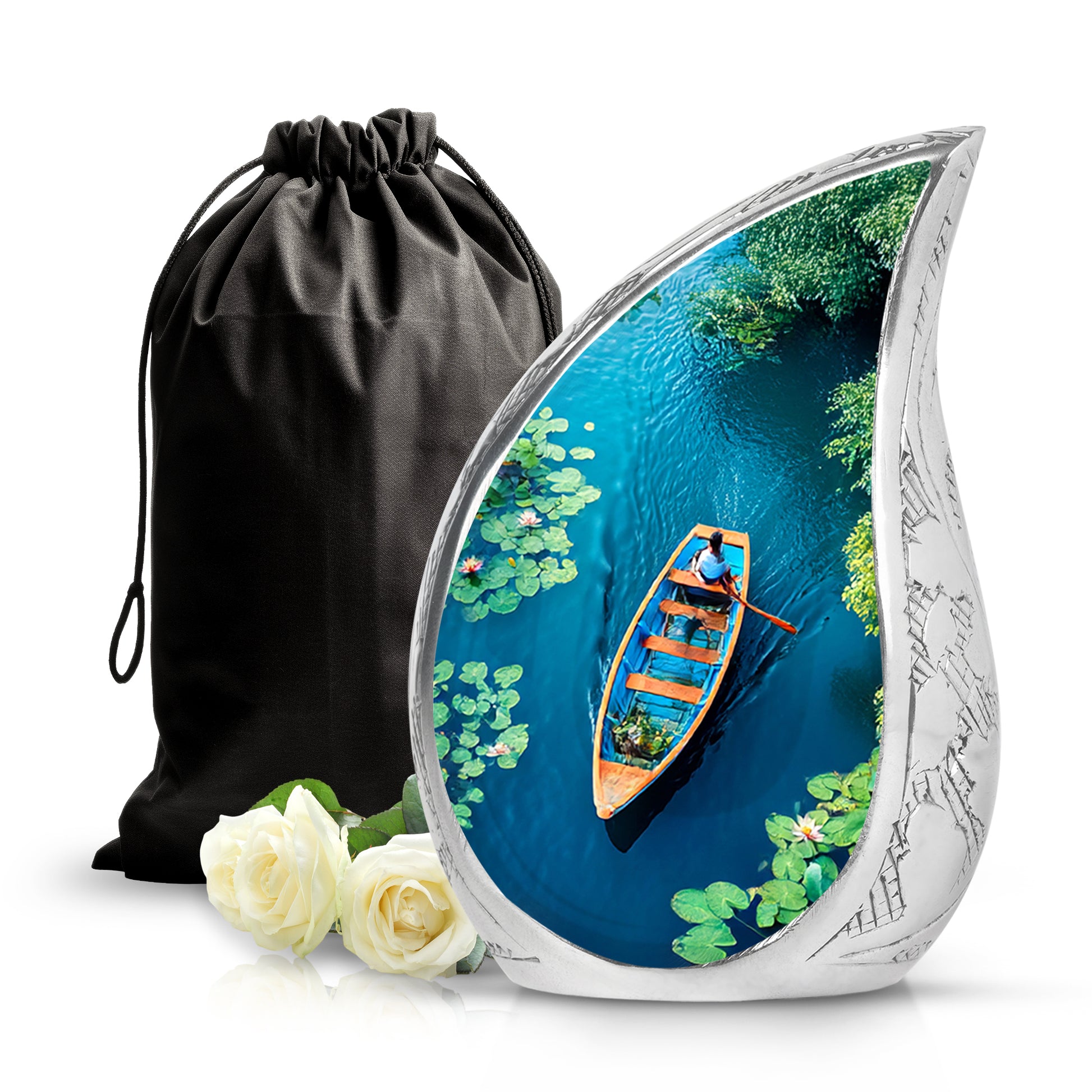 Soft Teal Boat Cremation Urn front view showing detailed design - flowing teardrop boat silhouette on curved aluminum - full-size 10 inch 200 cubic inch adult cremation urn