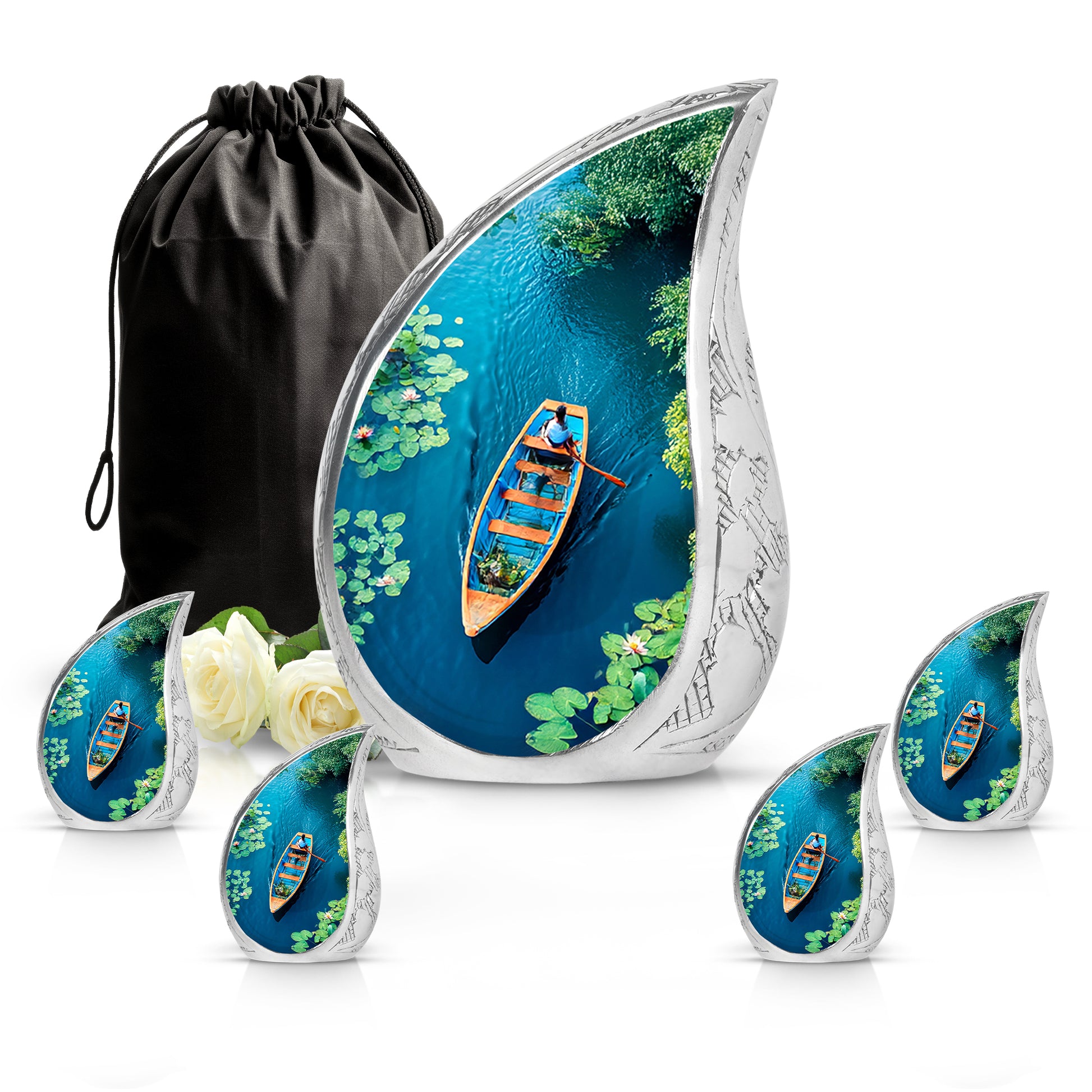 Sea Green Teal Boat Cremation Urn side profile showing urn shape - rounded teardrop boat design with delicate detail - memorial set with one large and four small urns