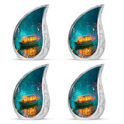 Aqua Teal Boat Cremation Urn close-up of engraving and surface detail - graceful tear-shaped urn with boat motif - 10 inch aluminum urn for cremated remains