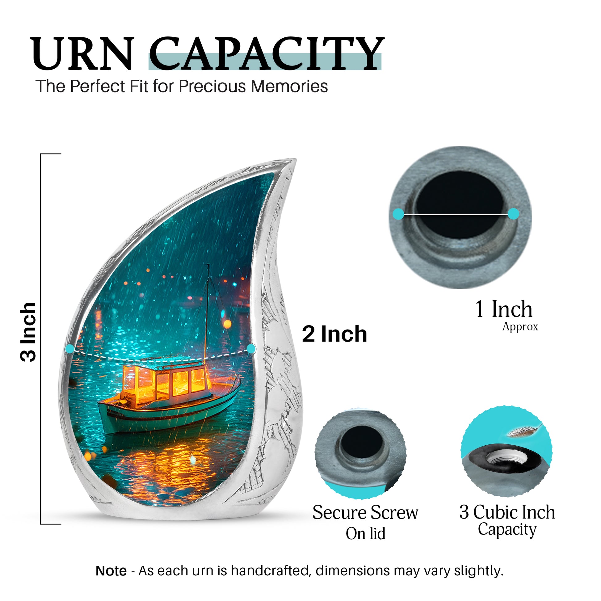 Ocean Teal Boat Cremation Urn angled view of lid and engraved motif - rounded teardrop boat design with delicate detail - mini keepsake memorial for portion of cremation ashes
