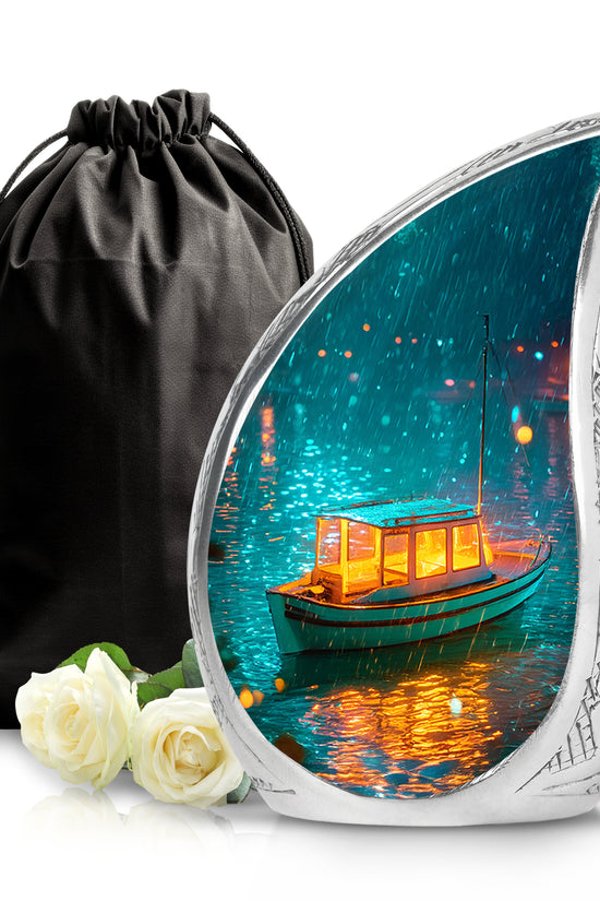 Tropical Teal Boat Cremation Urn front view showing detailed design - graceful tear-shaped urn with boat motif - full-size 10 inch 200 cubic inch adult cremation urn