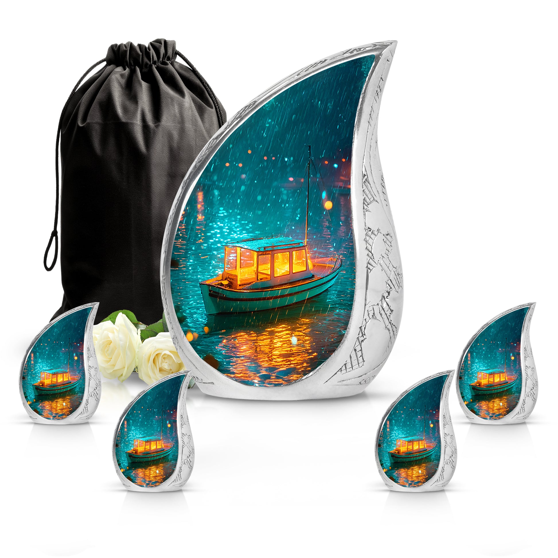 Jewel Teal Boat Cremation Urn side profile showing urn shape - rounded teardrop boat design with delicate detail - memorial set with one large and four small urns
