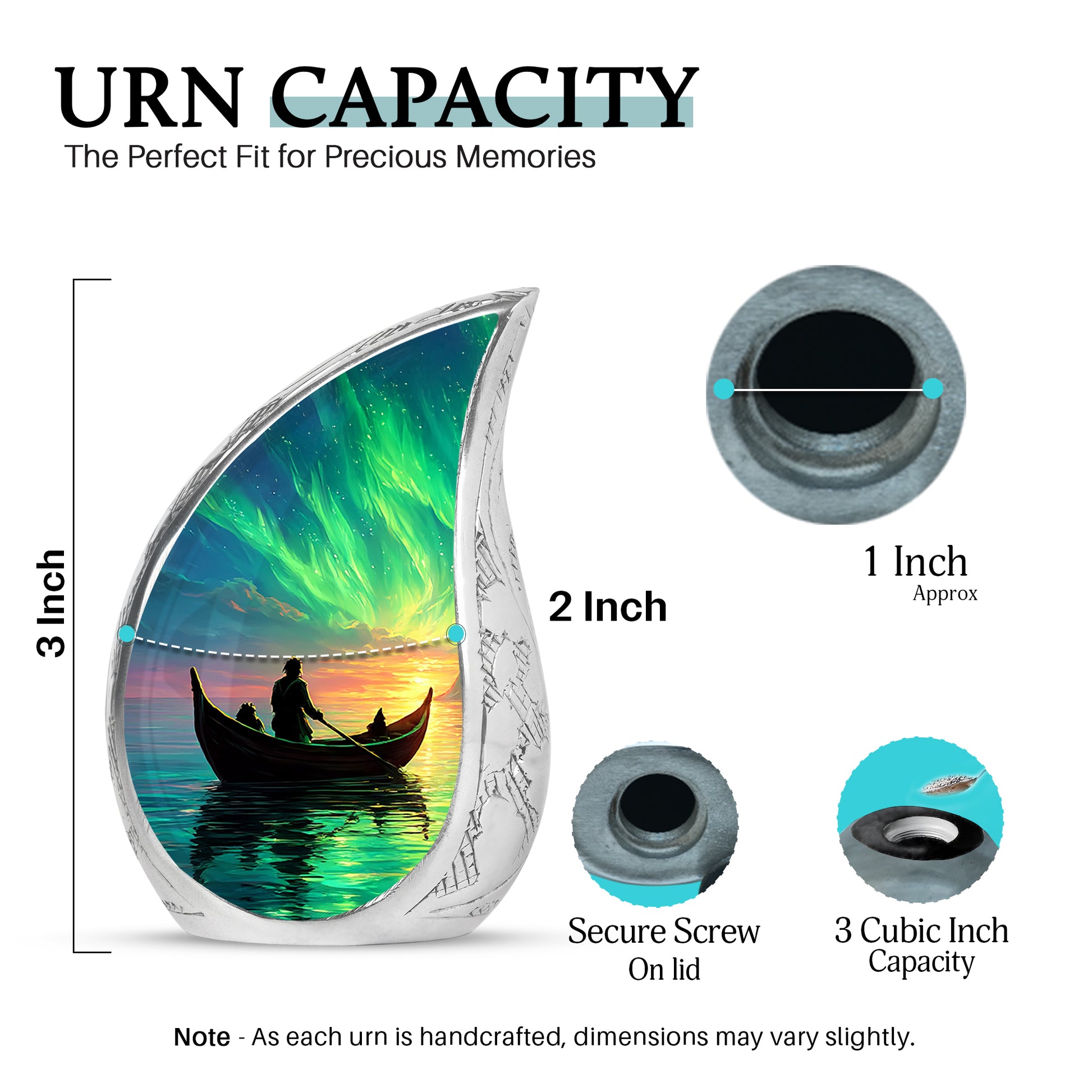 Soft Blue Boat Cremation Urn angled view of lid and engraved motif - smooth teardrop contour featuring boat art - mini keepsake memorial for portion of cremation ashes