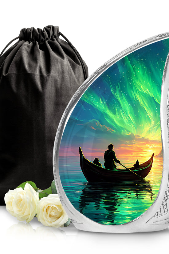 Vivid Blue Boat Cremation Urn front view showing detailed design - smooth teardrop contour featuring boat art - full-size 10 inch 200 cubic inch adult cremation urn