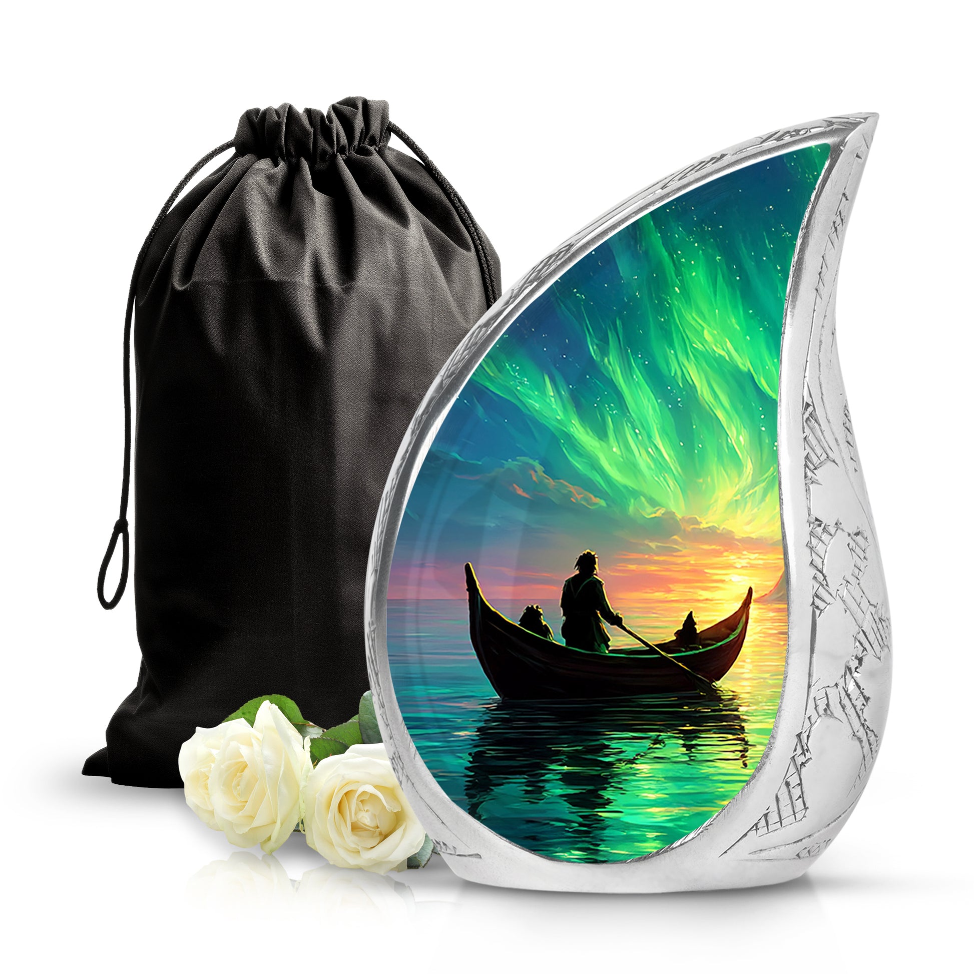 Vivid Blue Boat Cremation Urn front view showing detailed design - smooth teardrop contour featuring boat art - full-size 10 inch 200 cubic inch adult cremation urn