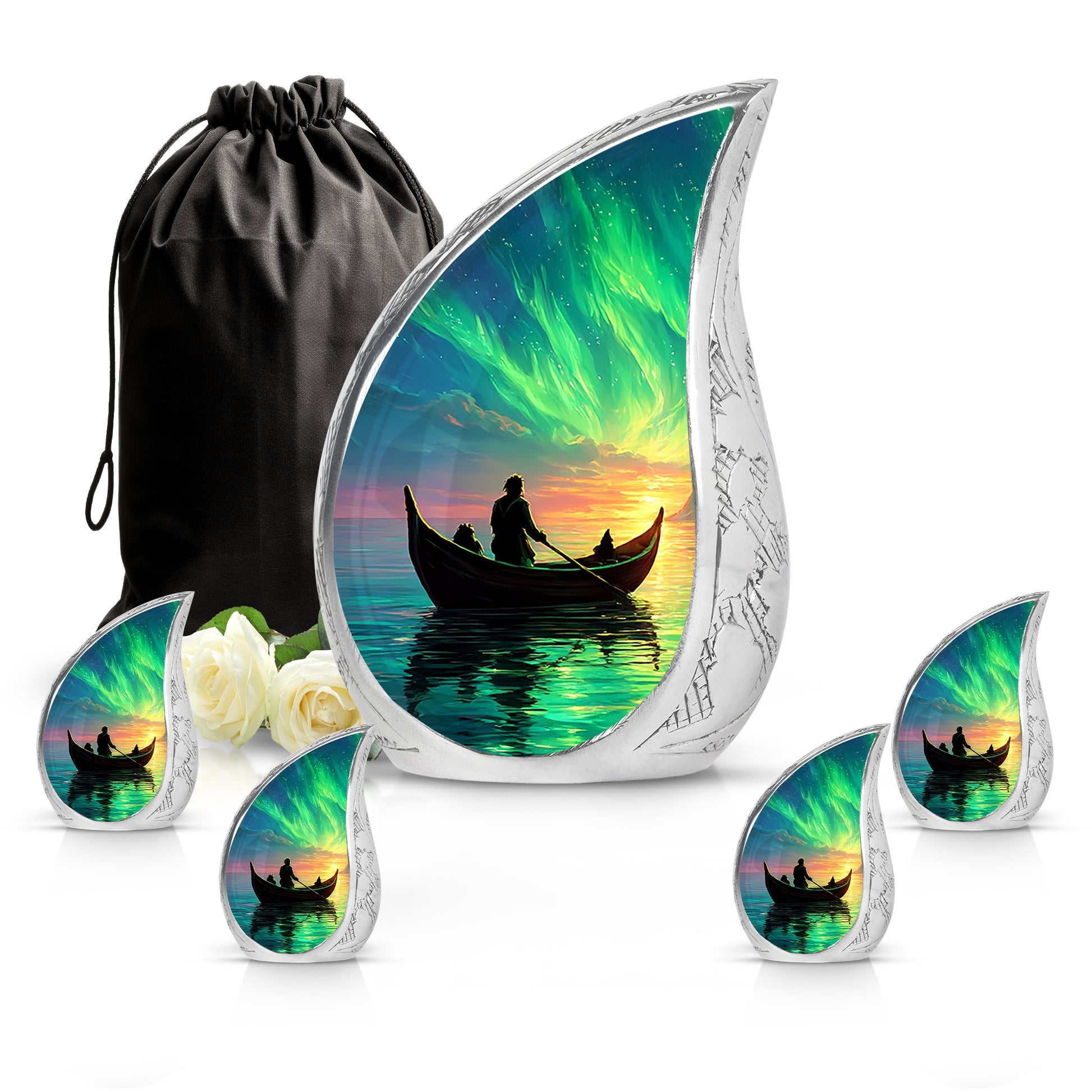 Royal Blue Boat Cremation Urn side profile showing urn shape - graceful tear-shaped urn with boat motif - memorial set with one large and four small urns