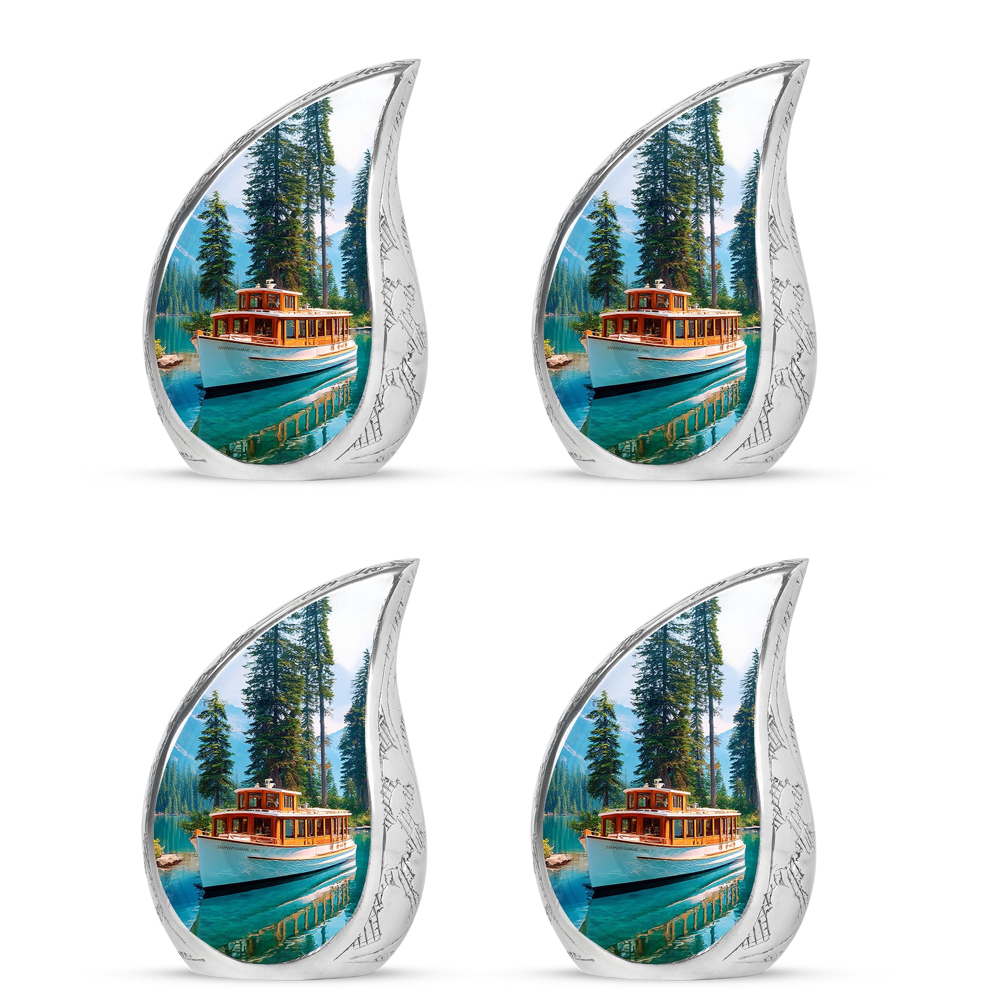 Royal Blue Boat Cremation Urn close-up of engraving and surface detail - graceful tear-shaped urn with boat motif - 10 inch aluminum urn for cremated remains