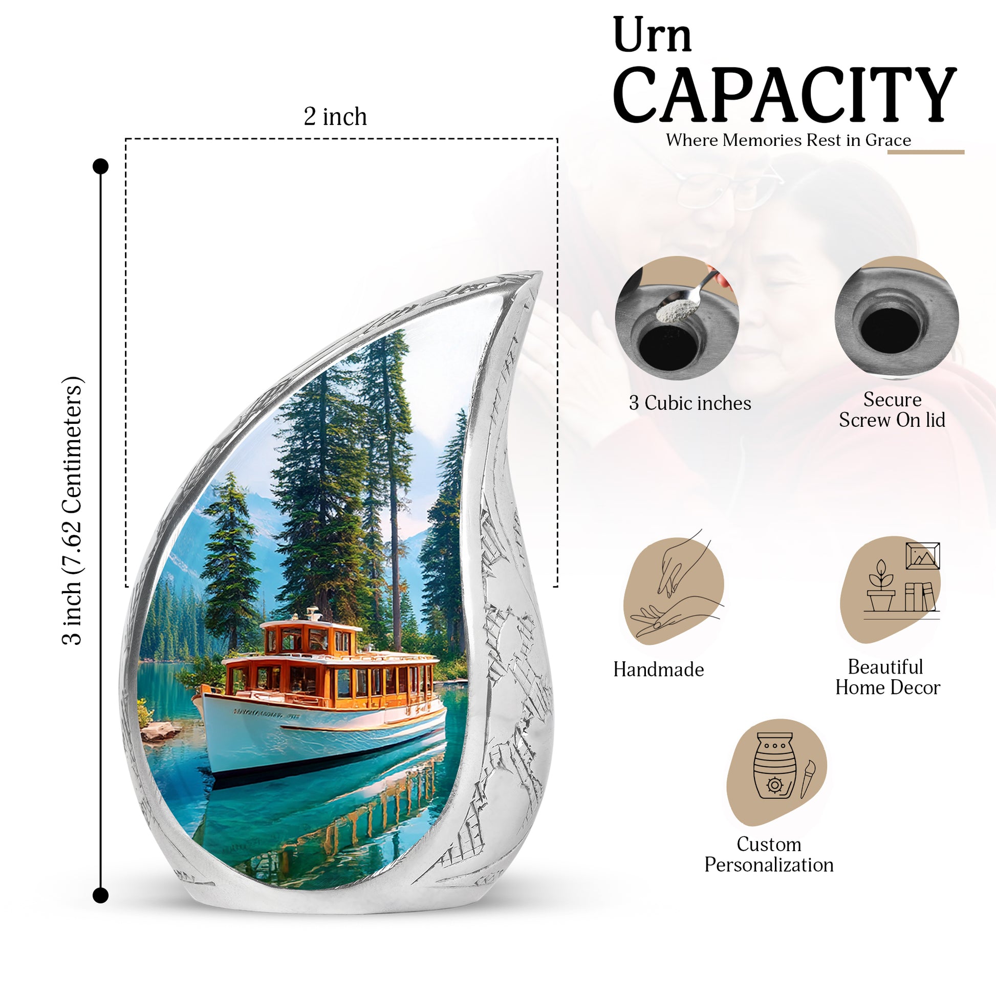Cornflower Blue Boat Cremation Urn angled view of lid and engraved motif - smooth teardrop contour featuring boat art - mini keepsake memorial for portion of cremation ashes