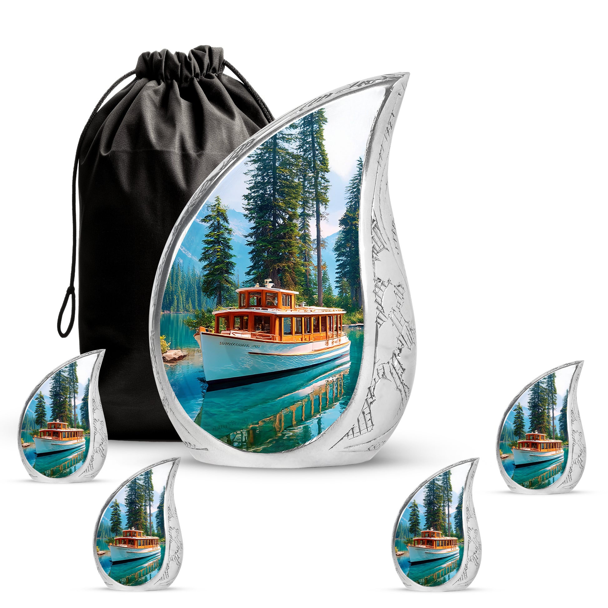 Cobalt Blue Boat Cremation Urn side profile showing urn shape - graceful tear-shaped urn with boat motif - memorial set with one large and four small urns