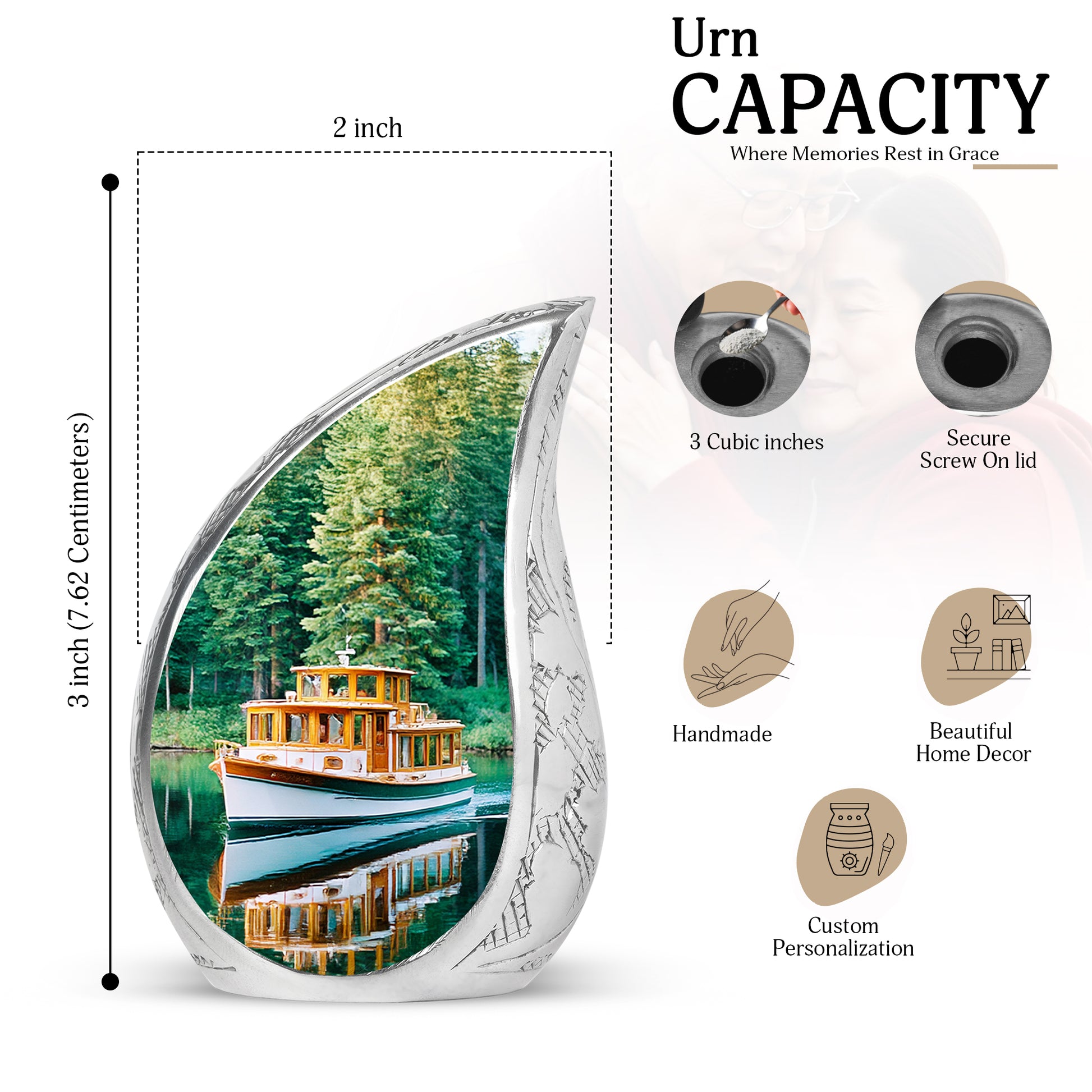 Mystic Teal Boat Cremation Urn angled view of lid and engraved motif - smooth teardrop contour featuring boat art - mini keepsake memorial for portion of cremation ashes
