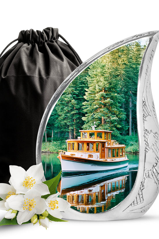 Deep Teal Boat Cremation Urn front view showing detailed design - smooth teardrop contour featuring boat art - full-size 10 inch 200 cubic inch adult cremation urn